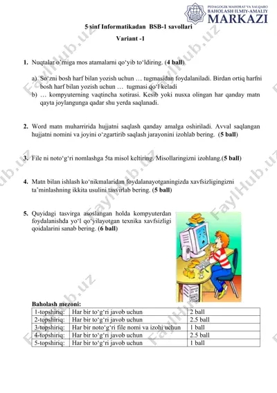 5-sinf informatikadan bsb-1 savollari — DOCX