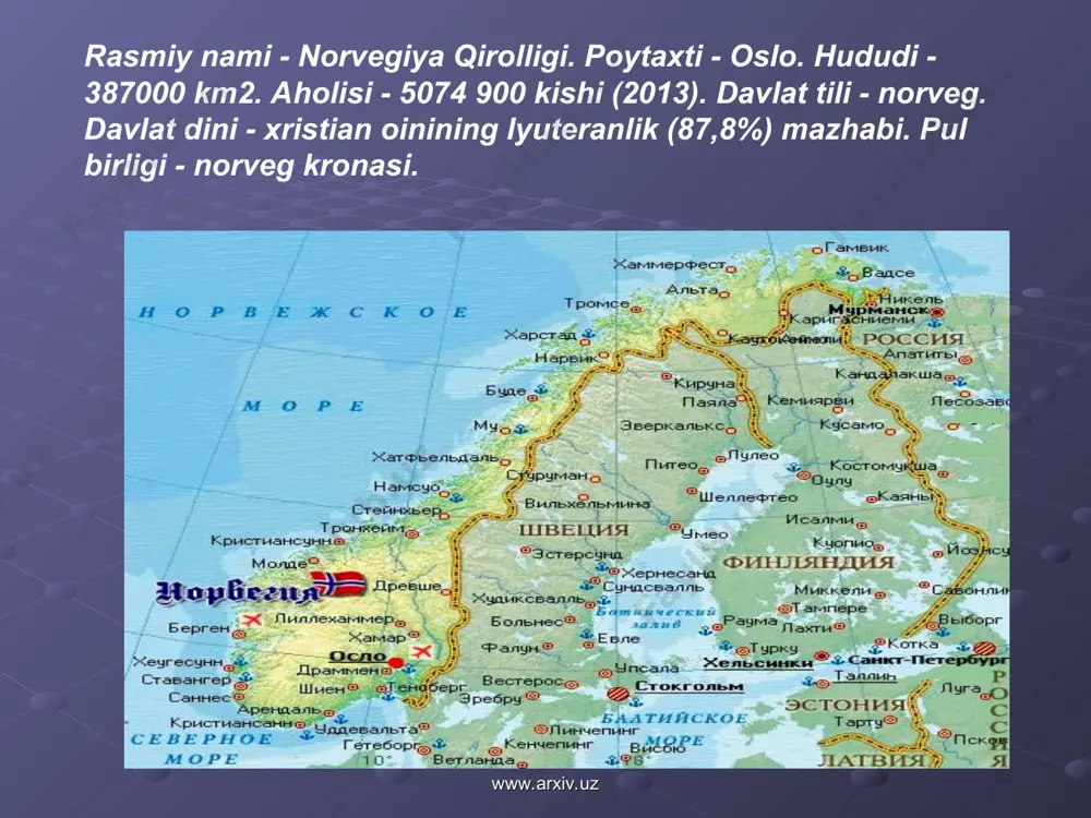 knut alfoyen raxbarlik knldi. norvej dexkonlari daniya ku-shinlarmni yaksop kilib tashladilar. daniyaning iornegiyadagi xukmronligp barxam gopgandem shi. www.arxiv.uz o’rta asrlar davrida norvegiya bilan birga unga qo’shni daniya va shvetsiya yevropa qit’asining shimoliy sharqiy qismida yashashgan.osha davrlarda bu hududlar skandinaviya hududlaridagi davlatlar deb nomlangan.norvegiyada ix asrlarda feodal munosabatlar sekinlik bilan bo’lsada rivojlana boshladi. xii-xiii asrlardan e’tiboran uzil-kesil feodalizm tarkib topdi.shu bilan birga feodalizmdan burungi sotsial elementlarning ko’p tomonlari,erkin dehqonlarning ko’p sonli tabaqasi yer, o’rmon,suvga ijtimoiy egalik qilganlikning keng tarqalganligi,toki keyingi o’rta asrlargacha ayrim okruglarda xalq yig’inlarining ishlab kelganligi, yevropaning boshqa mamlakatlaridagiga nisbatan bu yerda xristianlikning so’ngroq yoyilganligi bunda tashqari bu hududda bu dinning chuqur ildiz otmayotgan edi. www.arxiv.uz www.arxiv.uz www.arxiv.uz bulardan tashqari norvegiya aholisi dehqinchilikdan ko’ra ko’proq chorvachilik va turli xil o’rmon kasbkorliklari bilan shug’ullanishga to’g’ri kelgan bu o’rmonzor mamlakatda feodal yerga egalik zaif rivojlangan edi.dehqonchilikka yaroqli yerlarda asosan ilgarigi mahalllarda skandinaviyaliklarning hujumlari vaqtida asirlar sifatidaboshqa yurtlardan olib kelingan qullar orasidan …