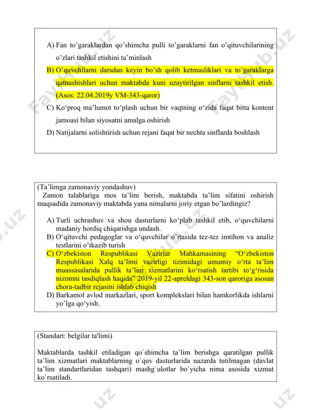 ilgan oldingi chuqurlashtirilgan sinflar bitirib ketadi, yangi sinf ocholmaydi. 1. agar bu ixtisoslashtirilgan maktab bo`lsa (har tumanda bittadan qolgan agentlikka bo`ysinuvchi) yangi o`quvchi qabul qilish masalasini o`zi hal qila olmaydi. ota-ona onlayn ariza beradi, hamma ixtisoslashgan maktablarga imtihon viloyat bo`yicha bir joyda, bir vaqtda agentlik tomonidan olinadi. (ped kengash to`g`risida nizom va ixtisoslashgan maktablar to`g`risida qonun hujjatlari o`rganilishi kerak) 2-keys nodir o’zini o’rtoqlari kutishayotganligi sababli, ko’chaga chiqmoqchi. dadasi bo’lsa, bunga ruxsat bermayapti. nodir esa darslarini tayyorlab bo’lganligini aytib ruxsat so’rayapti . biroq, dadasi kutilmaganda, ―bunday daydi va beboshlar bilan ko’chada tentirab yurgandan ko’ra uyda o’tirib, kitob o’qi!‖ – dedi. savollar: 1. bu vaziyatda kim haq? 2. dadasi qanday pedagogik xatoga yo’l qo’ydi? 3. sizningcha, nodirning keyingi harakatlari qanday bo’ladi? javob: 1. bola dam olish, o`ynash huquqiga ega. bola haq. 1. dadasi bolasi tengdoshlarini qo`pol so`zlar bilan atadi. bolasi ham o`rtoqlari bilan bir xil. demak bolasi ham daydi, bebosh (mi). 1. …