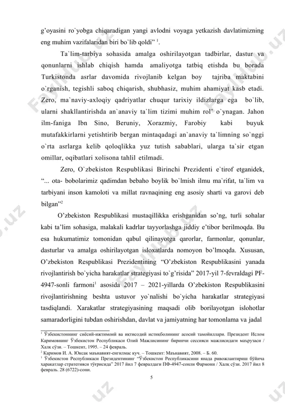 ning “ijtimoiy sohani rivojlantirish” deb nomlangan to`rtinchi yo`nalishning 4.4.- bandi “ta`lim va fan sohasini rivojlantirish” deb nomlangan. o`lkamizda an`anaviy ta`lim tizimidan “sovet maktablari”ga o`tish jarayoni tarixiy adabiyotlarda umumlashtirilgan holatda, cheklangan doirada, maishiy shakllarda ta`riflandi, ularni tubdan isloh etish harakatlari chuqur yoritilmadi, arxiv fondlari, qo`lyozma asarlar, davriy adabiyotlarda mazkur muammoga oid muhim tarixiy manbalar e`tibordan chetda qoldi, ilmiy iste`molga kiritilmadi. muammoning tarix fanida hozirgacha o`zining chuqur ilmiy va xolisona bahosini olmaganligi, ushbu muammoga oid ko`plab tarixiy manbalar hanuzgacha o`rganilmaganligi, ular orqali ijtimoiy, ma`naviy vokelikniig ko`plab masalalariga oydinlik kiritishga erishish mumkinligi o`rganilayotgan mavzuning dolzarbligini asoslab beradi. kurs ishining o`rganilganlik darajasi. tarixiylik nuqtai nazaridan mazkur mavzuning ayrim jihatlari alohida holda tadqiq etilgan maqolalar bilan cheklangan bo`lib, yahlit tarzda ilmiy o`rganilmagan. bitiruv malakaviy ishini yoritishda sovet hukumati davrida yaratilgan adabiyotlar alohida o`rin tutadi. abdurauf fitrat, fayzulla xo`jayev, sadriddin ayniy, sadri ziyo, i.i. umnyakov, v.v. bartol’d, t n. qoriniyozov, o.k. suxareva, k.e. bendrikov, i.m. mo`minov, …