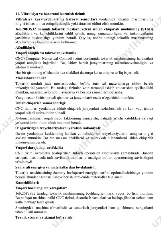 va barcha asboblar to‘g‘ri va barqaror joylashgan bo‘lishi kerak. bu platforma, shuningdek, ishlov berish qismidagi titrash va noaniqliklarni kamaytiradi. qadoqlash jihozlari — tokarlik qismlari va asboblarni joylashtirishda ishlatiladigan asboblar. masalan, maxsus qadoqlash yoki qismlarni tekis holatda ushlab turish uchun qadoqlash vositalari. 6. sovutish va o‘tkazish tizimi: sovutish suvi yoki yog‘li suyuqliklar (coolant) ishlatiladi, bu ishlov berish jarayonida qizib ketishni oldini olish uchun kerak. sovutish tizimi asbob va materialning uzoq vaqt davomida ishlashini ta'minlaydi. tozalash tizimi — mashina va qismlar ustida qolgan chiqindilarni tozalash uchun. 7. xavfsizlik uskunalari: shaxsiy himoya vositalari (masalan, ko‘zoynaklar, quloqni himoya qilish vositalari, qo‘lqoplar) va boshqa xavfsizlik uskunalari tokarlik ishlari jarayonida xavfsizni ta'minlash uchun zarur. 8. asbob va qismlar ushlagichlar: patronlar (chuck) yoki ağzalar qismlarni turli shakllarda ushlab turish uchun ishlatiladi. prismalar va vazifali ushlagichlar qismlarni aniq va mustahkam tutish uchun kerak. 9. kompressor tizimi: tokarlik mashinasining tozalash va sovutish tizimlarini ishlatish uchun kompressor zarur bo‘lishi mumkin, …