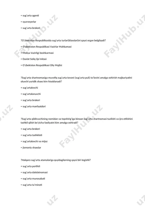 ta (arab iste’losi davrida) - fondsiz sug‘urta (melodiydan oldin) ?sug‘urtalash ob’ektga qarab qanday bo‘ladi? + mulkiy, shaxsiy = mulkiy, nomulkiy = bilvosita, bevosita = majburiy, ixtiyoriy ?qanday sug‘urtalash mavjud? + majburiy, ixtiyoriy = ixtiyoriy va mulkiy, zaruriy = zaruriy va ixtiyoriy, mulkiy = mulkiy va shaxsiy, zaruriy ?quyidagi subektlardan qaysi biri mulkini sug‘urtalashi mumkin? + barcha mulk shaklidagi = qushma korxonalar va fuqarolar = xususiy va qushma korxonalar = qushma va davlat korxonalari ?quyidagilardan qaysi biri shaxsiy sug‘urtalashga kiradi? + hayotni va baxtsiz xodisalarni sug‘urtalash = mol-mulkni, hayotni sug‘urtalash = baxtsiz xodisalarni sug‘urtalash = mol-mulkni va hayotni sug‘urtalash ?sug‘urta xodisasi nima? + sug‘urta xodisasi-sodir bo‘lgan voqea = sug‘urta xodisasi-bu shartnoma belgilarini bildiradi = sug‘urta xodisasi-sug‘urta pullarini bildiradi = sug‘urta xodisasi-bu qoplamalarini bildiradi ?sug‘urta doirasi nima? + sug‘urta ob’ekti va sub’ekti o‘rtasidagi bog‘liqlik = sug‘urta tashkiloti ustidan nazorat = sug‘urta turlari bo‘yicha taqsimot = sug‘urtalanadigan ob’ektlarning miqdori ?sug‘urta bahosi nima? + …
