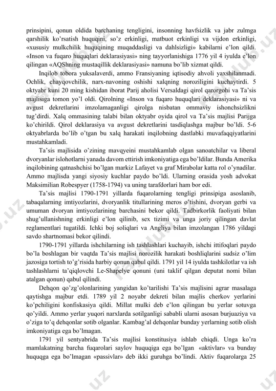 si deputatlari deputat mirabo chaqirig’iga ko’ra konstitusiya ishlab chiqilmaguncha tarqamaslikka so’z berdilar. 27 iyun kuni qirol imtiyozli tabaqalarning boshqa deputatlariga ham millat majlisiga qo’shilishlariga rozilik berishga majbur bo’ldi. 9 iyul kuni mavjud 3 ta hukmron tabaqalardan tashkil topgan millat majlisi o’zini ta’sis majlisi deb e’lon qildi. fransiyada inqilob boshlandi. boshlangan inqilobni to’xtatish uchun qirol parijga yollanma qo’shin kiritdi. 11 iyul kuni nekker vazifasidan ozod qilindi. 12-13 iyul kunlari xalqning qo’shin bilan harbiy to’qnashuvlari bo’lib o’tdi. xalq ommasi qurol - aslaha omborlariga hujum qilib, qurollandi.14 iyul kuni ertalab qurollangan parijlik olomon despotizmning ramzi bo’lgan va siyosiy qamoqxona vazifasini o’tayotgan bastiliya qal’asiga hujum qildi. parijlik olomon va fransuz gvardiyasining askarlari bastiliya qal’asini zabt etdilar. bastiliya vayron qilindi. bastiliyani ishg’ol qilishda 662 kishi qatnashgan bo’lib, ularning 426 tasi savdogarlar va hunarmandlar, 149 tasi xalfalar, shogirdlar va ishchilar, 77 tasi askarlar, 4 tasi kommersant, 5 tasi xizmatchi va 1 tasi o’qituvchi bo’lgan. bastiliya olingandan …