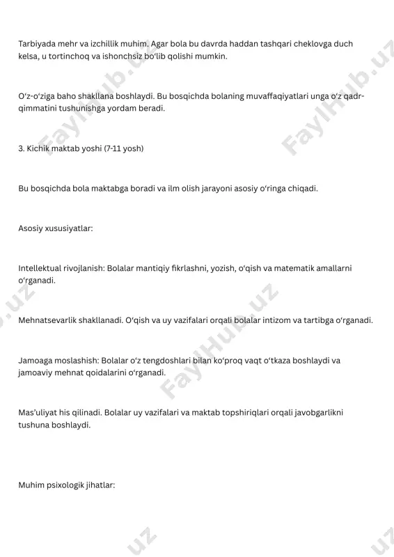 ntilish. oila va jamiyat oldidagi mas’uliyat ortishi. farzand tarbiyasi va yetakchilik. muhim psixologik jihatlar: hayotiy tajriba ortadi. shaxsiy va professional rivojlanish. maqsadga intilish muhim. 7. qarilik (60 yoshdan keyin) bu bosqichda inson o‘z hayotini tahlil qiladi va dam olishga e’tibor qaratadi. asosiy xususiyatlar: jismoniy va ruhiy o‘zgarishlar. hayotiy tajriba va donolik. o‘tgan hayotini tahlil qilish muhim psixologik jihatlar: hayotdan qoniqish his qilish muhim. keksalik ruhiy barqarorlikni talab qiladi. oila va jamiyat bilan aloqani saqlash kerak. insonning rivojlanishiga turli omillar ta’sir qiladi. ular orasida biologik, ijtimoiy, psixologik va madaniy omillar asosiy ahamiyatga ega. har bir omil shaxsning shakllanishida o‘ziga xos rol o‘ynaydi. 1. biologik omillar biologik omillar shaxsning jismoniy va ruhiy rivojlanishiga asos bo‘ladi. ular insonning tug‘ma xususiyatlari bilan bog‘liq bo‘lib, genetika, organizmning fiziologik tuzilishi va miya faoliyatini o‘z ichiga oladi. asosiy biologik omillar: genetika: insonning jismoniy va ruhiy xususiyatlari, masalan, bo‘y, ko‘z rangi, temperament va ayrim aqliy qobiliyatlar irsiy yo‘l …