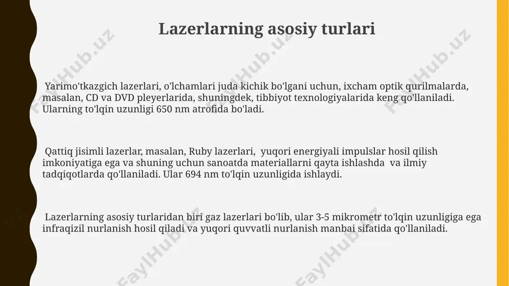 nurlanish manbai bo'lib xizmat qiladi, bu jarayon yuqori samaradorlikka ega bo'lishi mumkin. ba'zi kimyoviy lazerlar, masalan, vodorod ftorid lazerlari (hf), 10 kvt dan yuqori quvvatga ega bo'lib, harbiy texnologiyalarda qo'llaniladi. kimyoviy lazerlar, masalan, yod lazerlari, to'lqin uzunligi 1,315 mikrometr bo'lgan infraqizil nur chiqaradi va yuqori energiyali impulslar hosil qilish imkoniyatiga ega. yarimo'tkazgichli lazerlar ushbu lazerlarning samaradorligi juda yuqori bo'lib, 30% dan 60% gacha energetik samaradorlikka erishish mumkin, bu esa ularni boshqa lazer turlariga nisbatan iqtisodiy jihatdan foydali qiladi. yarimo'tkazgichli lazerlar, odatda, 0,5 dan 10 mikrometrgacha bo'lgan to'lqin uzunliklarida infraqizil nurlanish hosil qiladi va ularning chiqish quvvati millivatlardan bir necha vattgacha yetishi mumkin. yarimo'tkazgichli lazerlarning kichik o'lchamlari va past narxlari ularni optik tizimlar, lazer ko'rsatkichlar, lazer printerlar va tibbiyot asboblarida keng qo'llanilishini ta'minlaydi. suyuqlik lazerlari суюқлик лазерларининг самарадорлиги, актив муҳитнинг кимёвий таркиби, оптик резонаторнинг параметрлари ва насослаш схемаси каби омилларга боғлиқ бўлиб, odatda 1% дан 10% гачани ташкил этади. суюқлик лазерларининг …
