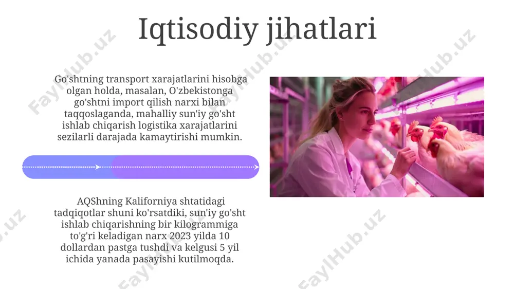 lan, gollandiyada joylashgan tadqiqot markazlarida oʻrganilgan. madaniy hujayralarni yetishtirish jarayonida 100 litrli bioreaktorlardan foydalaniladi, bu esa taxminan 50 kg sunʼiy goʻsht olish imkonini beradi, masalan, aqshning kaliforniya shtatida joylashgan kompaniyalar bunday texnologiyalardan foydalanmoqda. e'tiboringiz uchun rahmat @taqdimot_robot image4.jpg image5.jpg image6.jpg image7.jpg image8.jpg image9.jpg image10.jpg image11.jpg image12.jpg image13.jpg image14.jpg image15.jpg image16.jpg image1.jpeg image2.jpeg image3.jpeg