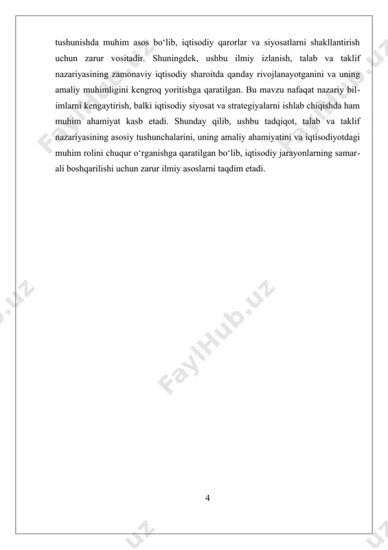 i iqtisodiyotda resurslar taqsimoti, narxlar shakllanishi va bozor muvozanatini tushunishda ajralmas element hisoblanadi. bu nazariya iqtisodiy jarayonlarni tahlil qilishda, siyosatlarni ishlab chiqishda va iqtisodiy rivojlanishni boshqarishda muhim asos bo‘lib xizmat qiladi. ii. nazariyaning amaliy qo'llanilishi va bozor muvozanati talab va taklif nazariyasi iqtisodiyotda bozor mexanizmlarining asosiy elementi hisoblanadi va uning amaliy qo‘llanilishi bozor muvozanatini tushunishda muhim o‘rin tutadi. bu nazariya orqali iqtisodiy jarayonlar, narxlar shakllanishi va resurslarning taqsimoti haqida chuqurroq tushuncha hosil qilish mumkin. talab — bu iste'molchilarning ma'lum bir mahsulot yoki xizmatga bo‘lgan istagi va uni xarid qilish imkoniyatining mavjudligini anglatadi, taklif esa ishlab chiqaruvchilarning ma'lum narxda va ma'lum miqdorda mahsulot yoki xizmatni bozorga chiqarishga tayyorligini bildiradi. talab va taklif nazariyasining asosiy prinsiplari ularning harakatining iqtisodiy muhitda qanday o‘zaro ta’sir qilishi bilan bog‘liq. talab egri chizig‘i narx oshgani sayin iste'molchilarning talabining kamayishini, narx tushgani bilan esa talabning oshishini ko‘rsatadi. taklif egri chizig‘i esa narx oshganda ishlab chiqaruvchilarning mahsulotni ko‘proq …