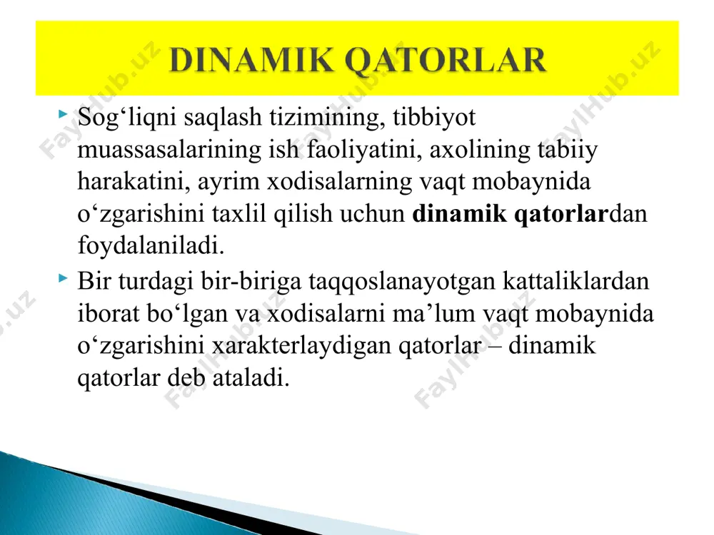 qqollik ko‘rsatkichi. 1mutloq o‘sish – joriy va o‘tgan yil ko‘rsatkichlari orasidagi tafovut. mutloq o‘sish: joriy yil ko‘rsatkichi – o‘tgan yil ko‘rsatkichi. 2. yiriklashish sur’ati – keyingi yil ko‘rsatkichini o‘tgan yil ko‘rsatkichiga foizlardagi (%) nisbati. yiriklashish sur’ati = keyingi yil ko‘rsatkichi x 100 o‘tgan yil ko‘rsatkichi o‘sish sur’ati – mutloq o‘sishni o‘tgan yil ko‘rsatkichiga foizlardagi (%) nisbati. o‘sish sur’ati = mutloq o‘sish x 100 o‘tgan yil ko‘rsatkichi 4. bir foiz o‘sishning mutloq miqdori – mutloq o‘sishni o‘sish sur’atiga nisbati. 1% o‘sishning mutloq miqdori = mutloq o‘sish o‘sish sur’ati yaqqollik ko‘rsatkichini xisoblash usuli nisbiy qiymatlar mavzusida yoritilgan. grafik tasvirlar statistik tadqiqotlar natijasida olingan ma`lumotlar jadval tarzida keltiriladi. аmmo, koʼp hollarda jadvalda keltirilgan qiymatlar orqali tahlil etilayotgan hodisani koʼrinarliroq, yaqqolroq qilib yoritish imkoniyati boʼlmaydi. olingan natijalarni koʼrgazmali qilish, yaxshiroq oʼzlashtirish va ilmiy tahlilni osonlashtirish uchun turli diagrammalar koʼrinishidagi grafik tasvirlar qoʼllaniladi grafik tasvirlar uch turli bo`ladi: diagramma kartogramma kartodiagramma. sanitariya statistikasida eng koʼp …