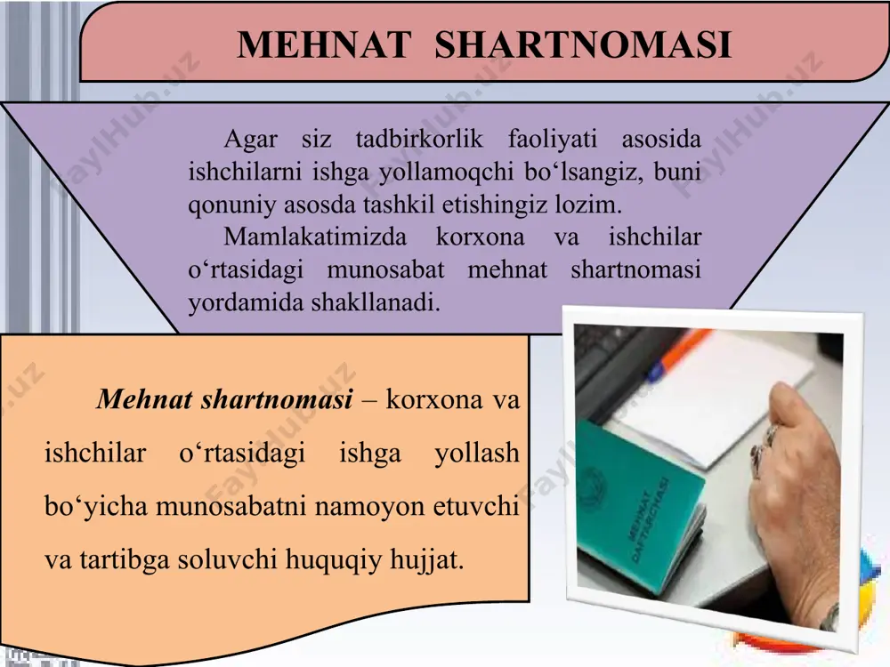 ga ega bo‘lgan ishchining mehnatiga to‘lanadigan haq miqdorini belgilab beradi. mehnat unumdorligi va uni hisoblash korxonada ishchilarga ish haqining to‘g‘ri va adolatli belgilanishi ishchilarning mehnat unumdorligiga ta’sir ko‘rsatadi. mehnat unumdorligi – ishchining vaqt birligi mobaynida mahsulot yaratish qobiliyati. mehnat unumdorligi ma’lum bir vaqt oralig‘ida ishchi mehnatining har bir birligi evaziga ishlab chiqarilgan mahsulot miqdori bilan aniqlanadi: bu yerda: mu – mehnat unumdorligi; m – mahsulot, v – sarflangan ish vaqti. bundan ko‘rinadiki, ishchining mehnat miqdori u tomonidan ishlangan vaqt bilan, kishi kuni, kishi soati va boshqalar bilan belgilanadi. bilimingizni sinab ko‘ring! mehnat resurslari nima va u o‘z ichiga kimlarni oladi? mehnat shartnomasi nima uchun zarur? ish haqi nima va uning tadbirkorlik faoliyatidagi ahamiyati qanday? nominal va real ish haqi tushunchalari nimani anglatadi? tarif tizimi nima? u o‘z ichiga qanday asosiy jihatlarni oladi?