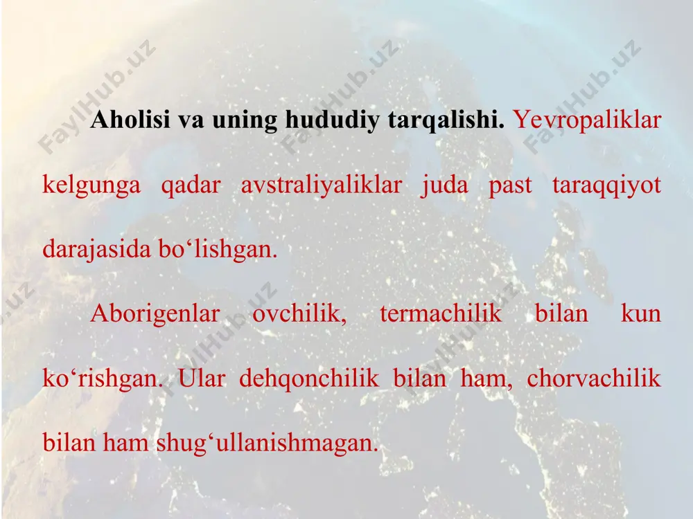 dan foydalanib, avstraliyaning chekka nuqtalari oralig‘idagi masofani o‘lchang. afrika va avstraliyaning endemik hayvonlarini eslang tuxumdan bola ochib, suti bilan boqadigan hayvonlar (o‘rdakburun va yexidna) haqida ma’lumot bering. yakuniy nazorat uchun ikkinchi chorak (19 — 31- darslar) mavzularidan 20 ta test topshiriqlarini tuzib yeching.