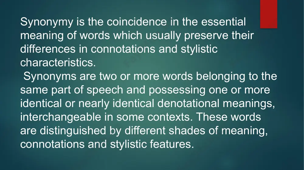 k; 7) side, party, interest, concern, faction; 8) character, role, cue, lines; 9) portion, passage, clause, paragraph. the semantic structures of two polysemantic words sometimes coincide in more than one meaning, but never completely. l. bloomfield and e. nida suppose even that there are no actual synonyms, i.e. forms which have identical meanings. in a great number of cases the semantic difference between two or more synonyms is supported by the difference in valency. an example of this is offered by the verbs win and gain both may be used in combination with the noun victory: to win a victory, to gain a victory. but with the word war only win is possible: to win a war. criteria of synonymity is interchangeability. it should be pointed out that neither the traditional definition of synonyms nor the new version provide for any objective criterion of similarity of meaning. it is solely …