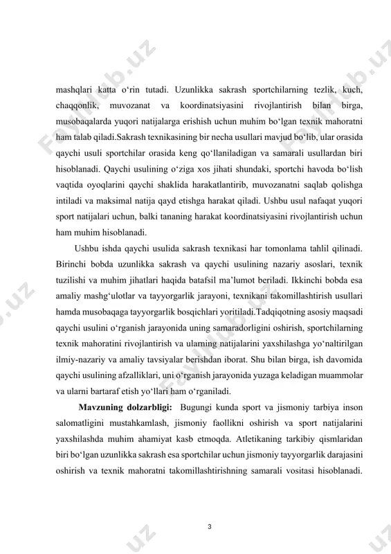 usulida sakrash texnikasini mukammal o‘rganish va uni musobaqalarda muvaffaqiyatli qo‘llash bo‘yicha ilmiy-nazariy hamda amaliy izlanishlar olib borish bugungi kunda dolzarb masalalardan biri sanaladi. kurs ishining maqsadi: uzunlikka qaychi usulida sakrash texnikasini chuqur o‘rganish, uning nazariy va amaliy asoslarini tahlil qilish hamda sportchilarning natijalarini oshirish uchun samarali usullarni aniqlashdan iborat. qaychi usuli sakrash texnikalari ichida muhim o‘rin tutib, sportchidan yuqori darajadagi koordinatsiya, muvozanat va tezkorlikni talab qiladi. shuning uchun ushbu usulni o‘rganish jarayonida sportchilarning jismoniy tayyorgarligini oshirish, texnikani mukammallashtirish va mashg‘ulot jarayonlarini samarali tashkil etish bo‘yicha ilmiy-amaliy tavsiyalar ishlab chiqish muhim ahamiyatga ega.shuningdek, ushbu ishda qaychi usulida sakrashning asosiy bosqichlari, texnik xususiyatlari va sport natijalariga ta’siri tahlil qilinadi. qaychi usulining samaradorligini oshirish uchun zarur bo‘lgan tayyorgarlik mashqlari, takomillashtirish usullari va xatolarni bartaraf etish yo‘llari o‘rganiladi. sportchilarning o‘z texnikalarini yanada rivojlantirishlari va musobaqalarda yuqori natijalarga erishishlari uchun zarur bo‘lgan taktik va strategik yondashuvlar ham ishlab chiqiladi. bundan tashqari, kurs ishida qaychi usulida …