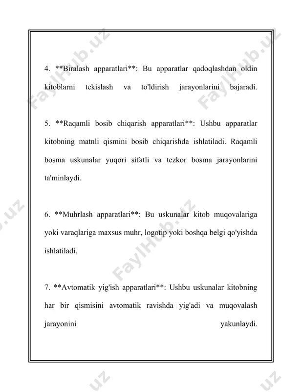 'pgina kitob apparatlaridagi ta'mirlash muvaffaqiyat darajasi foizida ko'rsatiladi. 2021-yilda o'tkazilgan tadqiqotga ko'ra, kitob apparatlari ta'mirlash jarayonida 85% muvaffaqiyatli ta'mirlangan. bu esa ta'mirlanadigan qismlarning sifatli ishlab chiqarilishi va ularni almashtirish imkoniyatlarining kengayishi bilan bog'liq. 5. **emissiyalar va ekologik talablar:** ta'mirlash jarayonida energiya samaradorligini kuzatish va chiqindilarni kamaytirish masalalari muhimdir. ta'mirlash jarayonida hosil bo'ladigan elektron chiqindilarning to'g'ri qayta ishlanishi zarur. har yili minglab kitob apparatlari atrof-muhitga zarar keltirmaslik uchun ekologik jihatdan qulay usullarda ishlov beriladi. yuqoridagi ma'lumotlar yordamida, kitob apparatini ta'mirlash turli aspectlaridan fundamental tushunchalar olish mumkin. ushbu bilimlar apparatni muntazam saqlash va xizmat ko'rsatishda foydalidir. 4. kitob apparatini tozalash 4. kitob apparati tozalash, odatda, kitoblarni saqlash va ularning uzoq muddatli foydalanishini ta'minlash uchun muhim qadamdir. kitob apparatini tozalash jarayoni kitoblarning jismoniy holatini yaxshilaydi va ularni zararlanishdan himoya qiladi. bu jarayonning turli bosqichlari asosida statistik ma'lumotlar quyidagicha: 1. **kitob apparatini tozalashning maqsadi** - kitob apparatlarini tozalash to'planadigan chang, mayda tolasimilar va zarralarni …