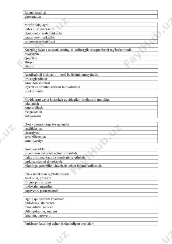 atin insulin adrenalin neyroleptiklarni tayinlash bo'yicha ko'rsatmalar ... o'tkir psixoz epilepsiya parkinsonizm uyqusizligi narkotik bo'lmagan analgetiklarning yallig'lanishga qarshi ta'sirining asosiy mexanizmlaridan birini ko'rsating: siklooksigenazani bloklash k-atp- membranalarini buzish mao ni falajlash xolinesterazni bog'laydi m-blokerlarga qanday ta'sir xos emas? nerv-mushak uzatilishining kuchayishi me'da shirasi sekretsiyasining pasayishi markaziy asab tizimining qo'zg'alishi qorachiqning kengayishi quvuq atoniyasi uchun...qo’llaniladi aseklidin,prozerin atropin,fosfakol anaprilin,naftizin metatsin,skopolamin ishlatiladi qorachiqlarni kengaytiradi... m-xolinolitiklar m-xolinomimetiklar n-antikolinergiklar antikolinesteraza vositalari kofein qanday ta'sirga olib keladi? psixostimulyatsion, analeptik kardiotonik, immunosupressiv diuretik, analgetik anksiyoletiy, gipotenziv bemegridning ta'sir qilish mexanizmini belgilang... nafas olish markazini rag'batlantiradi yo'tal markazini falajlaydi opiat retseptorlarini falajlaydi katta dozalarda behushlik keltirib chiqaradi to'g'ridan-to'g'ri ta'sir qiluvchi analeptiklar ... kordiamin, bemegrid fenamin, sititon fentonil, lobelin kofur, sidneykarb psixostimulyatorlarning yon ta'sirini aniqlang... taxikardiya.qon bosimining oshishi uyquchanlik.depressiya zaiflik. metabolizmning pasayishi nafas olish markazining pasayishi kofein to'g'ridan-to'g'ri ta'sir qilmaydi ... norepinefrin biosinteziga miyokardga qon tomirlarining silliq mushaklariga miya yarim sharlari po'stlog'iga tubokurarin bilan zaharlanishda o'lim sababi ... diafragma …