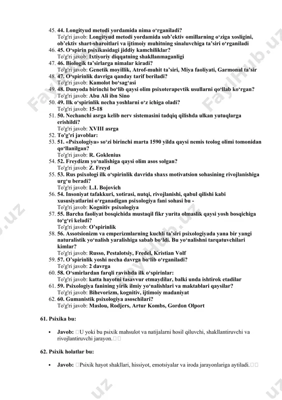31. 31. psixologiyada "dualizm" oqimining asoschisi kim? to'g'ri javob: platon 32. 32. psixologiya hulq-atvor haqidagi fan sifatida nechanchi asrdan boshlanadi? to'g'ri javob: xix asrdan 33. 33. psixologiya ong haqidagi fan sifatida nechanchi asrdan boshlanadi? to'g'ri javob: xvii asrda tabiiy fanlar rivojlanishi bilan boshlanadi 34. 34. nechanchi asrga kelib nerv sistemasini tadqiq qilishda ulkan yutuqlarga erishilgan? to'g'ri javob: xviii asrga kelib nerv sistemasini tadqiq qilishda ulkan yutuqlarga erishildi 35. 35. freydizm yo‘nalishiga kim asos solgan? to'g'ri javob: freydizm yo‘nalishiga venalik psixiatr z.freyd asos solgan 36. 36. tamoyil bu? to'g'ri javob: ma’lum faoliyatni bajarishda tayaniladigan dastlabki qoidalar tizimi 37. 37. hozirgi davrda nodir testlar qatoriga qaysi psixologlar testi kiritiladi? to'g'ri javob: g. rorshax, s. rozentsveyg, r. kettel, d. veksler, g. meyli, g. ayzenk, a. anastazi, dj. paven 38. 38. ilk o’spirinlik davri kasbiy bilim, ko‘nikma va malakalarning shakllanishi uchun qanday davr hisoblanadi? to'g'ri javob: senzitiv davr 39. 39. pedagogik psixologiya bo‘limlariga - …