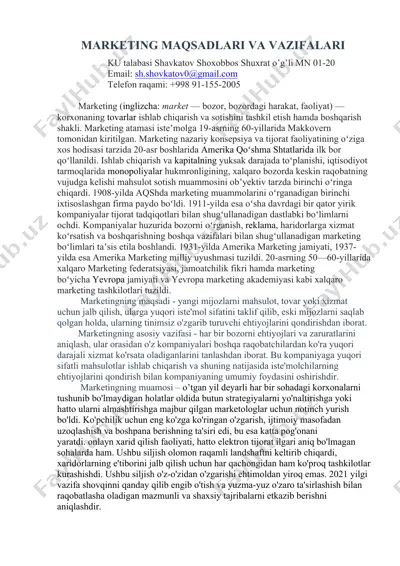 marketing maqsadlari va vazifalari — DOCX
