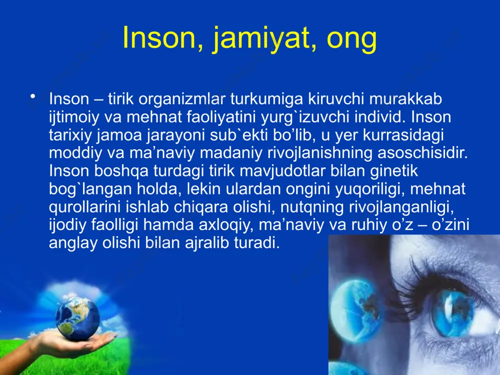 k-aholi” tizimi tarzida ifodalansa maqsadga muvofiq deb hisoblash mumkin, chunki tabiat insonning xo’jalik faoliyati natijasida o’zgaradi. o’zgarish ilmiy asoslangan holda amalga oshirilgan taqdirda tabiat jamiyat maqsadlariga mos keladigan tarzda o’zgaradi. bunda tabiat ham, inson ham aziyat chekmaydi. lekin ishlab chiqarishni rivojlantirish jarayonida texnika, texnologiya, mehnat xarakteri, sub’ektning aybi bilan qator kamchiliklarga yo’l qo’yilishi tufayli tabiat boyliklaridan foydalanishda isrofgarchilik, degradastiya, xomashyolarni majmuali qayta ishlamaslik, turli chiqindilarni muhitga ko’plab chiqarish natijasida tabiat jiddiy zarar ko’rmoqda. erning havo harorati keyingi 110 yil davomida 1 darajaga ortgani va uni bmt ma’lumotiga ko’ra u 2030 yilgacha 4-5 darajaga ortishi bashorat qilinayotgani, buning hunuk ekologik va ijtimoiy-iqtisodiy oqibatlari hozirdayoq jiddiy sezilayotgani fikrimizning yaqqol dalilidir. free powerpoint templates page ‹#› image2.jpeg image3.jpeg image4.jpeg image5.jpeg image6.jpeg image7.jpeg image8.jpeg image9.jpeg image10.jpeg image1.jpeg /docprops/thumbnail.jpeg