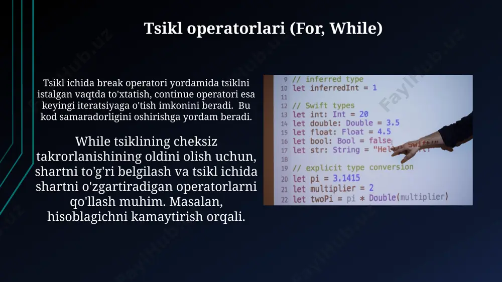 rga olib kelishi mumkin. python 3 da, int, float, bool kabi asosiy ma'lumot turlari bilan bir qatorda, str (matn) tipidagi o'zgaruvchilar ham keng qo'llaniladi va ular bilan turli operatorlar yordamida ish olib borish mumkin. funktsiyalar va modullar modul – bu funksiyalar, klasslar va o'zgaruvchilar to'plami bo'lib, ularni boshqa python dasturlarida import qilish orqali ishlatish mumkin, bu esa 1000 dan ortiq kod satrlarini qisqartirishi mumkin. python'da funksiyalar kodni qayta ishlatish imkonini beradi va dasturning tuzilishini yaxshilaydi, ular 1 dan ortiq argument qabul qilishi va bir nechta qiymat qaytarishi mumkin. python bilan tanishuv python 3.x versiyasi avvalgi versiyalaridan sezilarli darajada tezroq ishlaydi va zamonaviy xususiyatlarga ega. uning keng kutubxona to'plami 100 000 dan ortiq modulni o'z ichiga oladi. python sintaksisi sodda va o'qishga oson, bu yangi boshlanuvchilar uchun ideal til bo'lishini ta'minlaydi. u 20 dan ortiq ma'lumot turlarini qo'llab-quvvatlaydi. pythonning asosiy xususiyatlari pythonning yuqori darajadagi abstraksiyasi tufayli kod yozish va o'qish osonlashadi, …