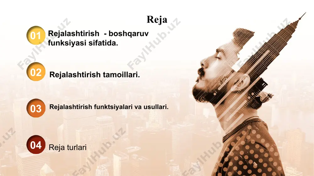 aydi shu sababdan, reja qat’iy belgilangan tartibda yozilishi talab qilinadi firma faoliyatini rejalashtirish” tushunchasi 2 ma’noga ega birinchisi- umumiqtisodiy, firmaning umumiy nazariyasi, uning tabiati nuqtai nazaridan ikkinchisi esa aniq boshqaruv nuqtai nazaridandir. bunda rejalashtirish menejmentning funktsiyalaridan biri, korxona istiqbolini oldindan ko’ra olish va ushbu bashoratdan foydalanish qobiliyatidir option a option d option b option c bozor iqtisodiyoti sharoitida rejalashtirishning muhimligi rejalashtirish quyidagi savollarga javob berishga yordam beradi korxona hozir qanday iqtisodiy holatda, uning faoliyati sharoitlari va yakunlari qanday korxona maqsadiga qanday qilib, qaysi resurslar yordamida erishiladi firma o’lchamlarining chegaralanganligi uning ichida ro’y beradigan harakatlarni nazorat qilish imkonini beradi yuqoridagi jarayon natijasida bozor muhitining noaniqligini va uning salbiy oqibatlarini minimal darajaga yetkazish mumkin bo’ladi rejalashtirishni qo’llash orqali firma sotish bilan bog’liq harajatlarni qisqartirishga erishadi zamonaviy menejmentning “otalaridan” hisobangan f.fayolg’ ta’kidlaganidek: “boshqarish - bu oldindan ko’ra olish”, “oldindan ko’rish esa-bu qariyb harakat qilishdir”. rejalashtirish - barcha zaruriy harakatlarni oldinda bashorat qilishgina emas, …