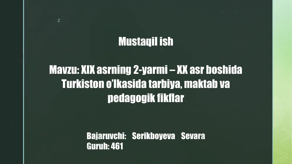 sasa sifatida xizmat qilar edi. z 2. ta'lim va tarbiya yangiliklari yangi maktablar: xix asr oxirida yangi, zamonaviy maktablar paydo bo'la boshladi. bu maktablar an’anaviy madrasalardan farqli ravishda, dunyoviy fanlarni o'qitishga e'tibor qaratdi. turkistonning ijtimoiy-iqtisodiy rivojlanishi: iqtisodiy o'zgarishlar, savdo va sanoatning rivoji ta'lim sohasiga yangi talablar qo'ygan. 3. pedagogik fikrlar mahalliy pedagoglar: ushbu davrda o'zbekistonning mashhur pedagoglari, masalan, abdulla qodiriy, mahmudxo'ja behbudiy kabi shaxslar o'z fikrlarini bildirishdi va yangi ta'lim g'oyalarini tarqatdilar. milliy g'oyalar: pedagogik fikrlar milliy an'analar, madaniyat va tarixga asoslangan holda rivojlandi. 4. ta’limda ijtimoiy-siyosiy ta’sirlar rus imperiyasi ta’siri: rus imperiyasi tomonidan olingan siyosiy chora-tadbirlar, ta'lim tizimiga yangi yo'nalishlar kiritdi. o'zbek tilida ta'lim berish va milliy g'oyalarni rivojlantirishga intilishlar ko'paydi. z z kvalifikatsiyalangan o'qituvchilarning ahamiyati ta'lim sifatini oshirish o'qituvchilar chuqur bilimga ega bo'lib, talabalarni sifatli ta'lim bilan ta'minlaydilar. innovatsion metodlar va uslublar orqali ta'lim jarayonini yaxshilaydilar. pedagogik yondashuv talabalar bilan individual yondashuv, ularning qobiliyatlarini rivojlantirish. faol o'qitish usullari …
