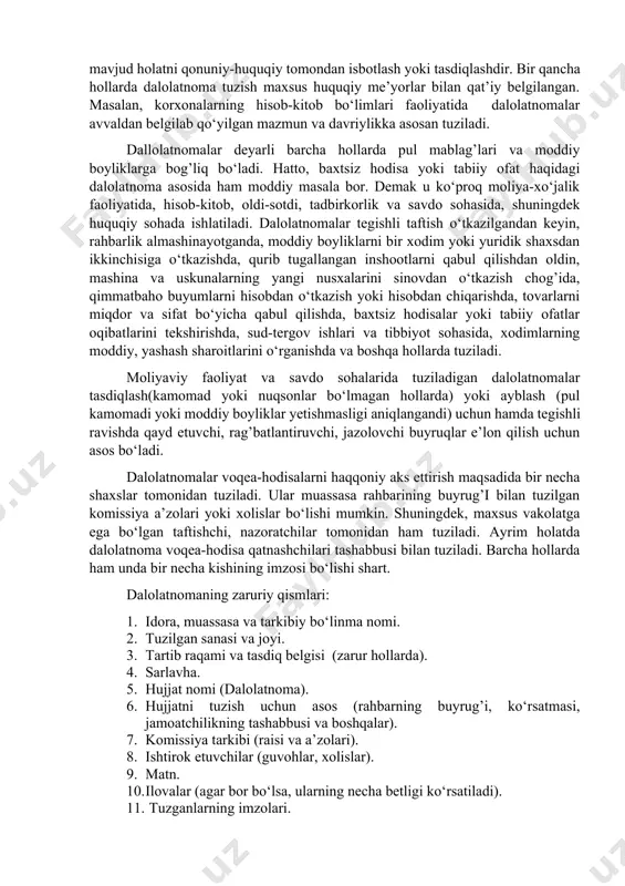 tish sifati yaxshilangan. ko‘plab dori-darmon, ishchi kuchi va albatta mablag’ tejalgan. xizmat ko‘rsatish saviyasi yuqori bo‘lgani uchun aholi o‘rtasida hamshiralarning va shifoxonalarnig nufuzi ancha baland. bizning shifoxonamizda ham shunday ish tartibi va yangi jihozlar o‘rnatilsa, bemorlarga xizmat ko‘rsatish sifati yaxshilanar edi. bu bo‘yicha kurs rahbrlari bilan fikr almashdim. hamshira: (imzo) d.y.salimova. 2010-yil 25-dekabr. biz yuqorida keltirgan xizmat safari va rahbarning muayyan topshirig’ini bajarish bo‘yicha hisobotlar ma’lum davrda bajariladigan ishlar bo‘yicha hisobotdan qisman farq qiladi. masalan, chorak, yarim yillik, to‘qqiz oylik yoki yillik hisobotlar sal boshqacharoq tayyorlanadi. bundan tashqari moliyaviy hisobotlat faqat jadvallar va raqamlarning o‘zidan iborat bo‘lishi ham mumkin. hozir yillik ish rejasining bajarilishiga oid hisobotni olib ko‘raylik, undagi ifoda usuli ishning umumiy hajmiga qarab o‘zgaradi. ya’ni unda sonlardan, moliyaviy ko‘rsatkichlardan ham foydalaniladi. d a l o l a t n o m a dalolatnoma o‘zining moddiy-moliyaviy va yuridik javobgarligi bilan katta ahamiyatga ega bo‘lgan rasmiy hujjatlar turkumiga kiradi. tashkilot …