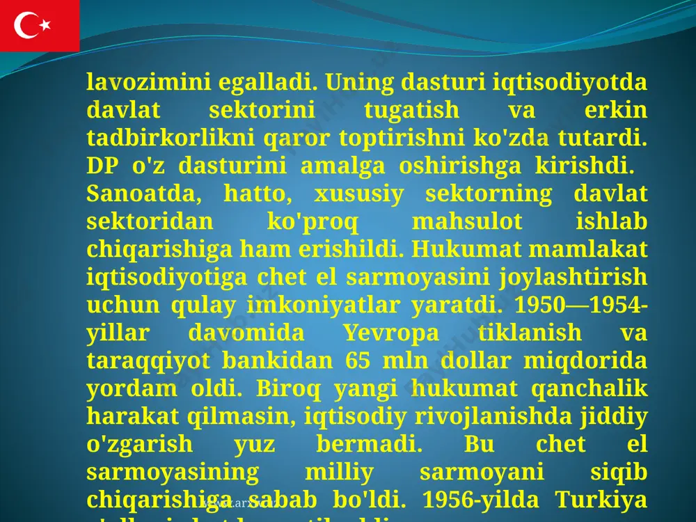 ldi. mamlakatda favqulodda holat joriy etildi. biroq bu to'ntarish mamlakatda siyosiy barqarorlikni ta'minlay olmadi. 1973-yilda mamlakat prezidenti 16 turdan so'ng saylanganligi buning isbotidir. 1980-yilda esa hatto president saylashga erishilmadi ham. oqibatda yana davlat to'ntarishi o'tkazildi. barcha siyosiy partiyalar tarqatilgan, deb e'lon qilindi. ularning rahbarlariga 10 yil davomida siyosiy faoliyat bilan shug'ullanish man etildi. ommaviy axborot www.arxiv.uz to'g'risida qonun qabul qilindi. 1988-yildan davlat mulkini sotish boshlandi. biroq bundan ko'zlangan maqsadga erishilmadi. chunki davlat mulki narxi qimmat bo'lgani uchun, 1991-yil oxirigacha uning atigi 5 foizi xususiylashtirildi. 1991-yilgi parlament saylovlarida «to'g'ri yo'l» partiyasi g'alaba qozondi. uning rahbari s. demirel hukumat tuzdi. 1993-yilda t. o'zal vafot etgach, s. demirel mamlakat prezidentligiga saylandi. turkiya o'rta sharqda iqtisodiy rivojlangan davlatlardan biri. ayni paytda, qudratli zamonaviy armiyaga ham ega. biroq turkiya mamlakat hayotini g'arbiy yevropacha model asosida to'la qayta qurishga muvaffaq bo'lmadi. www.arxiv.uz bunga, birinchidan, uning texnik-iqtisodiy jihatdan orqada qolganligi sabab bo'ldi. mamlakat aholisining 50 foizi hamon …
