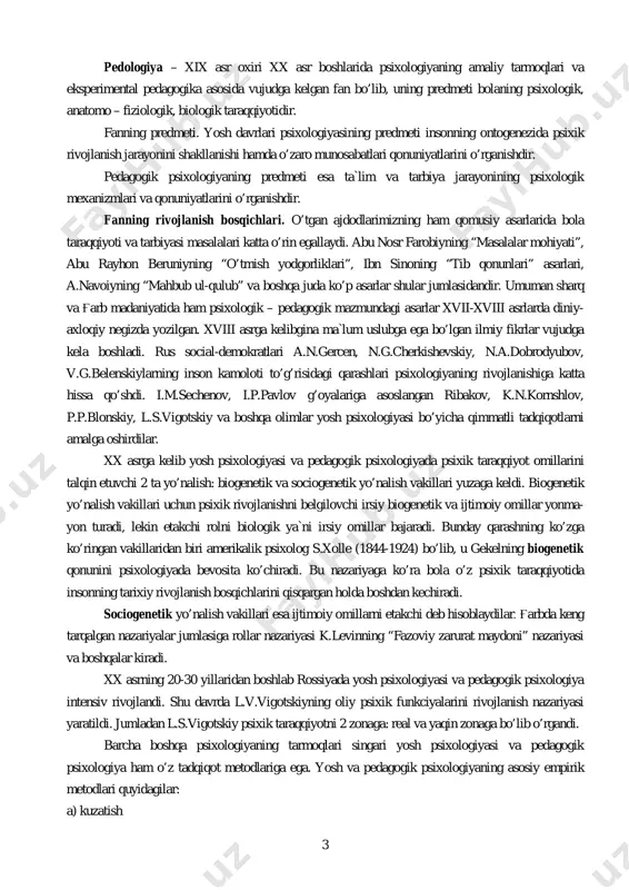 ) kuzatish 4 u tashqi kuzatish va o’z-o’zini kuzatish ko’rinishlarida bo’lishi mumkin. lekin bu metod har doim ham psixik jarayonlarning xususiyatlari haqida to’liq ma`lumot bera olmaydi. b) tajriba metodi u 2 xil: tabiiy va laboratoriya sharoitida o’tkazilishi mumkin. bulardan tashqari psixologiyadagi xususiy metodlar ham psixik rivojlanish haqida qimmatli materiallarni to’plash imkoniyatini beradi. - suhbat metodi yakka shaxs yoki guruhlarda o’tkaziladigan erkin muloqot; - test metodi shaxsning aqliy taqqiyoti qobiliyatlari va boshqa sifatlarini o’lchash imkonini beradigan qisqa standart savol va topshiriqlardir. hozirgi davrda nodir testlar qatoriga rorshax, rozencveyg, kettel, veksler, anastazi, roven va boshqalarning testlari kiradi; - biografiya metodi insonning hiyoti, faoliyati, ijodi haqidagi og’zaki va yozma ma`lumotlarni to’plashdir; - anketa metodi vositasida esa turli yoshdagi odamlarning psixologik xususiyatlari narsa va hodisalarga munosabati o’rganiladi; - faoliyat mahsulotlarini tahlil qilish metodikasi kuzatish metodining bir ko’rinishi sifatida bolalarning chizgan rasmlari, yasagan o’yinchoqlari kabi faoliyat mahsulotlariga asoslanib uning psixik rivojlanishi haqida xulosa chiqarish imkoniyatini …