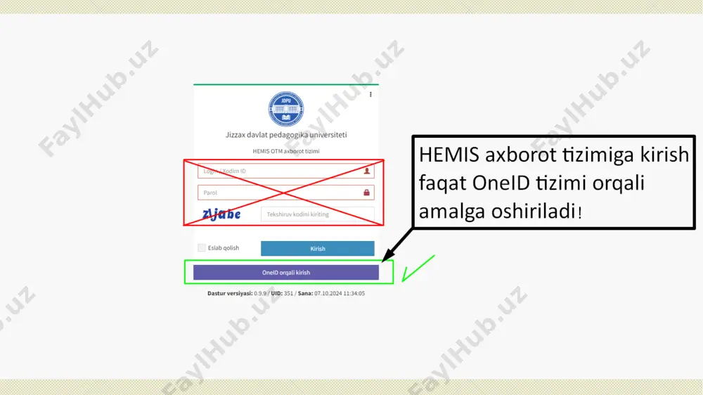 uning xohishiga ko‘ra va belgilangan to‘lovlar asosida mobil-id tizimi orqali identifikatsiyalangan mobil telefon raqamiga sms-xabar shaklida yuboriladi; foydalanuvchi tomonidan elektron xizmatda foydalanish uchun berilgan arizani tasdiqlash uning mobil telefon raqamiga yuborilgan bir martalik unikal sms-xabar shaklida kelgan tasdiqlash kodini kiritish orqali amalga oshiriladi. oneid tizimi orqali davlat organlari va tashkilotlarning portal va axborot tizimlariga kirishda foydalanuvchilarning shaxsini tasdiqlash (autentifikatsiya qilish); mobil-id tizimidan foydalanayotgan foydalanuvchining haqiqiyligini tasdiqlash (verifikatsiya qilish); elektron davlat xizmatlaridan foydalanish bo‘yicha foydalanuvchilar tomonidan berilgan arizalarni tasdiqlash; qonunchilikda nazarda tutilgan boshqa holatlarda. eri orqali tizimga kirish id.egov.uz tizimida akkauntni eri bilan tasdiqlash bo‘yicha yo‘riqnoma id.egov.uz tizimida akkauntingizni tasdiqlash uchun login va parolingiz bilan tizimga kiring. id.egov.uz tizimida akkauntingizni tasdiqlash uchun “tasdiqlash” bo‘linmasiga o‘ting, eri kalitingizni tanlang va “tasdiqlash” tugmasini bosing. eri kalitingizning parolini kiriting. tizimda akkauntingiz tasdiqlangani to‘g‘risida xabarnoma oynasi chiqadi va sizning profilingiz tasdiqlanadi. id-karta orqali tizimga kirish jismoniy shaxsning shaxsiy identifikasion raqamingizni kiriting (jshshir). (jshshir - bu …
