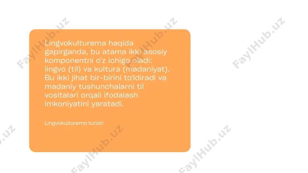 larning "karma" tushunchasi, ularning madaniy va diniy an'analari bilan bog'liq. etiologik lingvokulturema etiologik lingvokulturema — bu xalqning an'analari va e'tiqodlaridagi sabablarni, kelib chiqishlarini yoki tarixiy tushunchalarni ifodalovchi til birliklari. bu turdagi lingvokulturemalar, asosan, madaniyatning ijtimoiy me'yorlari va qadriyatlari bilan bog'liq bo'ladi. lingvokulturema — bu til va madaniyat o'rtasidagi o'zaro bog'liqlikni ko'rsatadi va turli madaniyatlar o'rtasidagi farqlarni ifodalovchi muhim tushunchadir. har bir til, o'ziga xos lingvokulturemalar orqali o'z xalqining dunyoqarashini, tarixini, urf-odatlarini va qadriyatlarini ifodalaydi. bu turlar, til va madaniyatning o'zaro bog'liqligini tushunish va samarali madaniyatlararo muloqotni rivojlantirishda muhim ahamiyatga ega. image1.png image2.svg /docprops/thumbnail.jpeg