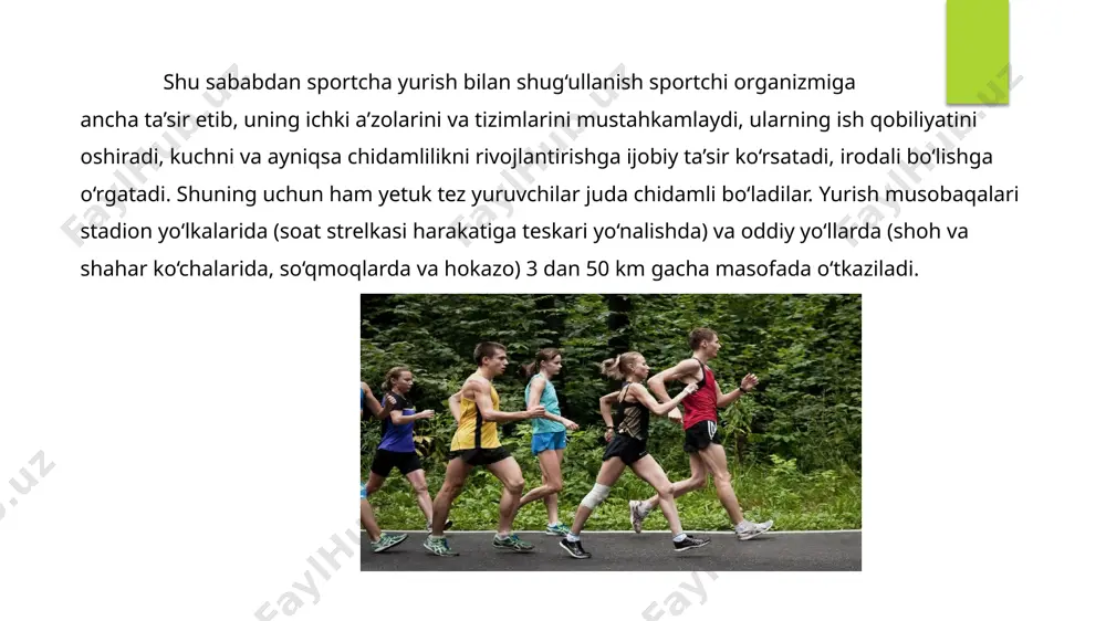 masofa yoki vaqtbay tarzda yugurish yo‘lakchasida o‘tkaziladi. 400 metrga va undan qisqa masofaga yugurish. har bir yuguruvchi uchun alohida yo‘lka ajratiladi. belgilangan masofani o‘tish uchun sarflanadigan vaqt sekundlarda aniqlanadi. bir soatlik va ikki soatlik yugurishda vaqt chegaralangan bo‘lib, natijada shu vaqt ichida bosib o‘tilgan masofa metr hisobida aniqlanadi. to'siqlar osha yugurishning ikki xili mavjud: 1) g'ovlar osha yugurish - bunda yo'lkadagi bir-biridan bir xil uzoqlikda masofadagi muayyan joylarga qo‘yilgan bir tipdagi to‘siqlardan oshib 60 dan 400 metrgacha masofaga yuguriladi. har qaysi sportchi alohida-alohida yo‘lakdan yuguradi. 2) 3000 metrga to'siqlarosha yugurish bunda yugurish yo'lakchasida u yerga mustahkam o'rnatilgan to‘siqlar osha stadion sektoridan birida kovlangan chuqurga to‘ldirilgan suvdan yuguriladi. estafetali yugurish, bunda komanda bo‘lib uguriladi: komandada yuguruvchifar qancha bo‘isa ham shuncha etaplarga bo‘lingan bo‘ladi. estafetali yugurishdan maqsad - estafeta tayoqchasini bir-biriga uzatib, uni mumkin qadar tez startdan marraga etkazib borishdir. bosqichlar oralig‘i bir xil bo'lishi mumkin. tabiiy sharoitda yugurish - bunda past …