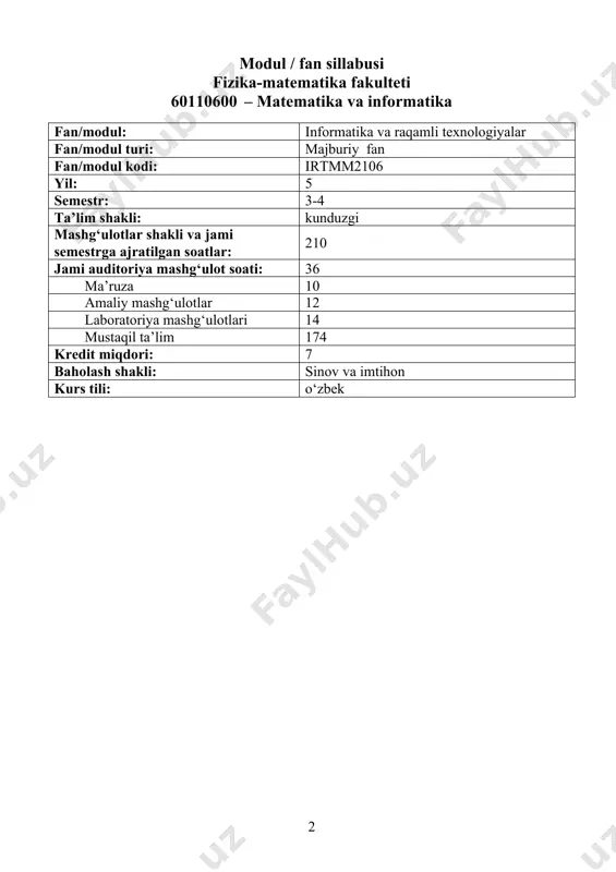 g’ulotlarida o’zlashtirilgan barcha mavzularni yoritish, amaliy va laboratoriya ishlarini tashkil qilish, ularga doir xulosalar chiqara olish, informatika va raqamli texnologiyalardan turli soxalarda to’g’ri foydalanish kabilarni o’rgatishdan iborat. 3. ta’lim natijalari (tn) bilimlar jihatidan: tn1 informatikani o’qitishda zamonaviy yondashuvlar va innovatsiyalarni tatbiq qilish uchun zarur bo’ladigan bilim va ko’nikmalarni tn2 informatika darslarida zamonaviy ta’lim vositalardan foydalanishni tn3 zamonaviy talablar asosida informatika darslarini samarali tashkil qilish yo’llarini tn4 ta’lim sohasidagi innovatsion faoliyat asoslarini ko’nikmalar jihatidan: tn5 informatika va raqamli texnologiyalar fanini o’qitishda hamda ilmiy tadqiqotlar olib borishda qo’llaniladigan zamonaviy yondashuvlar va innovatsion texnologiyalardan xabardor bo’lishi tn6 informatika va raqamli texnologiyalarni o’qitishda qo’yiladigan hozirgi zamon talablarini bilishi tn7 informatika, jumladan informatika va raqamli texnologiyalar fanining mazmuni, vositalari, metodlari va shakllarining uzviyligi va izchilligini ta’minlash tn8 mashg`ulotlarda ta’lim resurslaridan samarali foydalanish tn9 o’qitish mazmuniga oid axborotlarni qayta ishlash, umumlashtirish va o’quvchilarga yetkazish ko’nikmalariga ega bo’lishi tn10 informatika va raqamli texnologiyalari darslarida zamonaviy innovatsion pedagogik …