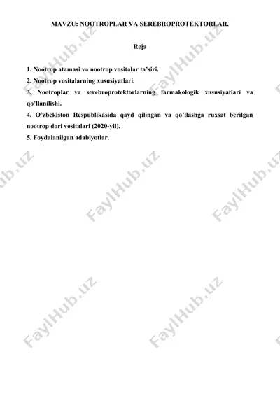 nootroplar va serebroprotektorlar. referat 8 bet. — DOC