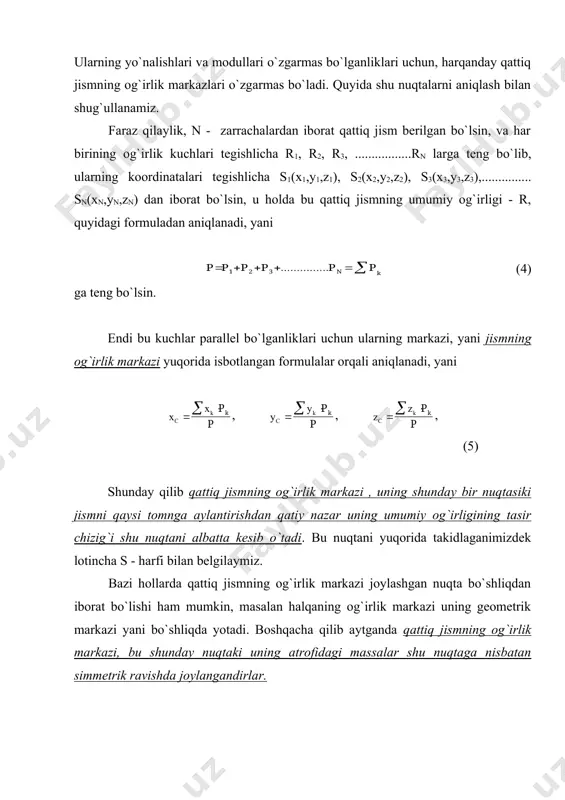 sm bir xil yo`g`onlikdagi simlardan tayrlangan bo`lsa, uning og`irlik markazi, bo`laklarining uzunliklariga proportsional ravishda aniqlanadilar, yani , , , (8) bu erda - lar jism bo`laklarining uzunliklari, l - jismning umumiy uzunligi. shunday qilib, bir jinsli moddadan tayyorlangan qattiq jismlarning og`irlik markazlarini ularning bo`lakalrini hajmlari, yuzalari yoki uzunliklari orqali aniqlanar ekan. 4.bir jinsli oddiy geometrik figuralarning og`irlik markazlarini aniqlash. a) doiraning, aylananing va sharning og`irlik markazi ularning geometrik markazida yotadi. v) to`g`rito`rtburchak, parallelogramm, rombning og`irlik markazlari ularning diagonallarining kesishgan nuqtasida yotadi. s) uchburchak yuzali qattiq jismning og`irlik markazi medianalarining kesishgan nuqtalarida yotadi. d) simmetriya tekisligiga, yuzasiga, yoki o`qiga ega bo`lgan figuralarning og`irlik markazlari shu tekislikda, yuzada, o`qda yotadi. 5.bir jinsli murakkab geometrik figuralarning og`irlik markazlarini aniqlash. agar jism birnecha oddiy figuralarning birikmasidan iborat bo`lsa, u holda bu qattiq jismni bir necha oddiy figurali bo`laklarga ajratib yuboriladi. so`ngra har bir qismining og`irlik markazlarini koordinatalarini va ularning hajmlari yoki yuzalarini hisoblab chiqiladi, …