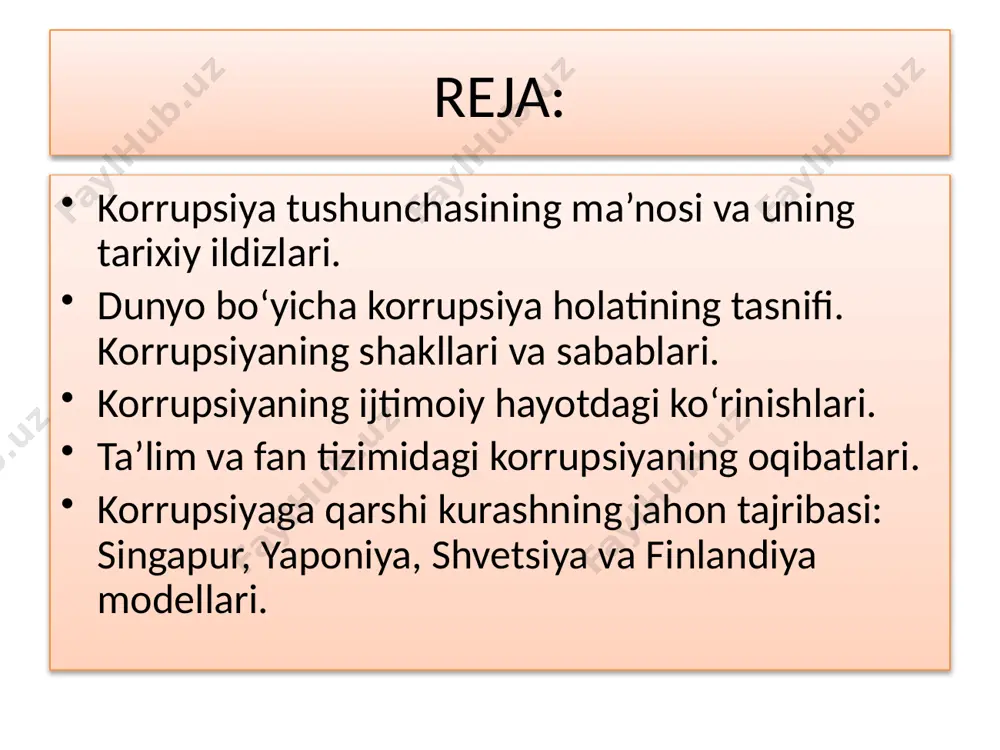 a boshqaruv organlarining o’rta va quyi darajalarida eng ko’p tarqalgan bo’lib, amaldorlar va fuqarolarning doimiy o’zaro munosabati bilan (ro’yxatdan o’tish, jarimalar, litsensiya va turli ruxsatnomalar olish kabilar) bilan bog’liq. yuqori korrupsiya xokimyat organlarida ishlovchi siyosatchilar, oliy martabali amaldorlarni qamrab oladi hamda yuqori bahoga ega bo’lgan qarorlar qabul qilish (qonunlarni, davlat buyurtmalarini lobbilash va qabul qilish, mulkchilik shakllarini o’zgartirish va shu kabilar) bilan bog’liq. tadqiqotchilar korrupsiyaning asosiy sabablari sifatida to’rtta omilni ko’rsatadilar iqtisodiy sabablar-yirik mablag’larga ega bo’lgan ayrim ishbilarmonlar o’z daromadlarini ko’paytirish maqsadida va raqobatga alohida imtiyozlarga ega bo’lish uchun hukumat amaldorlarini pora evaziga sotib olib ularni o’z ixtiyorlariga bo’ysindirishga intiladilar. huquqiy sabablar- korrupsiyaning rivoji qonunlarning sifatiga bog’liqdir. mukammal bo’lmagan qonunlar ishlamaydi va ayrim uddaburonlar bundan ustalik bilan foydalanadilar. institutsional sabablar- davlat boshqaruvi tizimidagi nuqsonlar demokratik institutlarning kuchsizligi shuning natijasida hukumat faoliyatining yopiqligi yoki fuqarolik nazoratidan xoliligi kiradi. ijtimoiy sabablar- jamiyatdagi muhit aholining huquqiy bilimi madaniyat darajasi ma’naviyati uyushqoqligi va jamoat …