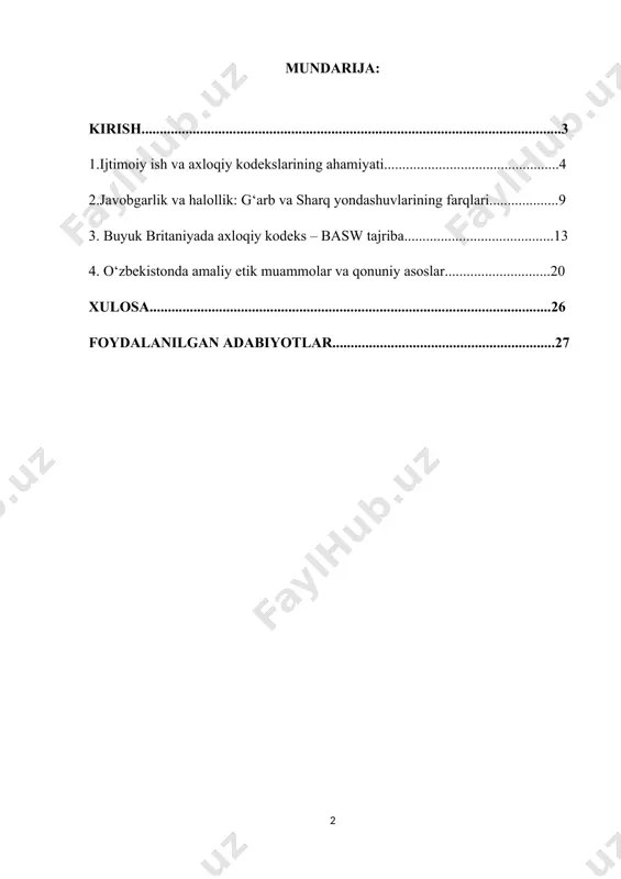 liyotiga qanday ta’sir ko‘rsatayotgani va ushbu tamoyillar orqali professional faoliyatning sifatini qanday oshirish mumkinligi haqida ilmiy-nazariy xulosa chiqarish ko‘zda tutilgan. tadqiqotda qo’llanilgan metodlar: tadqiqot jarayonida eng avvalo tahlil (analiz) metodi qo‘llanilib, turli davlatlarning ijtimoiy ishga oid axloqiy kodekslari mazmunan o‘rganildi va ularning asosiy tamoyillari, prinsip va qadriyatlari tahlil qilindi. 1.ijtimoiy ish va axloqiy kodekslarning ahamiyati ijtimoiy ish – bu jamiyatda ijtimoiy adolat, tenglik va inson huquqlarini taʼminlashga qaratilgan kasbiy faoliyat boʻlib, u professional yondashuv va yuksak axloqiy qadriyatlarni talab etadi. ushbu sohada ishlovchi mutaxassislar jamiyatning ijtimoiy himoyaga muhtoj qatlamlariga yordam berish, ularning muammolarini hal etishda ko‘maklashish va ijtimoiy integratsiyani kuchaytirish bilan shugʻullanadilar. shu sababli, ijtimoiy ishda axloqiy kodekslarning mavjudligi va ularga rioya etish nihoyatda muhim hisoblanadi.axloqiy kodekslar ijtimoiy ish faoliyatining asosiy meʼyoriy tamoyillarini belgilab beradi. ular mutaxassisning kasbiy majburiyatlari, mijoz bilan munosabatlar, maxfiylik, halollik, adolat, hurmat, xolislik kabi prinsiplarni o‘z ichiga oladi. bu kodekslar ijtimoiy ishchini murakkab axloqiy muammolar oldida …