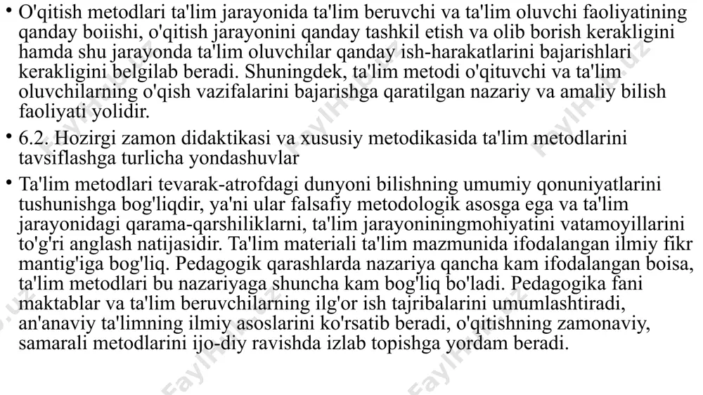 ga, binobarin, ta'limning samaradorligini oshirish ehtiyojlariqa mos kеlmaydi. zеro, ma'ruzaning yuqoridagi ko’rinishi faqat bolalar xotirasiga mo’ljallangan. ma'ruza ham bolalar xotirasiga, ham ular tafakkuriga mo’ljallab tashkil etilganda, uning samaradorligi yanada oshadi. tajribali o’qituvchilar ma'ruza mеtodining samaradorligini oshirish maqsadida turli variantlardan foydalanishadi. это изображение, автор: неизвестный автор, лицензия: cc by-sa-nc 1-variant. ma'ruzada oldin o’quvchilar oldiga muammolar qo’yish. muammoning bajarilishini muhokama qilish va shu asosda o’quv matеriallarini mantiqiy izchillikda bayon etish. ma'ruzadan oldin qo’yilgan muammo bolalarda bilishga ehtiyojni uyg’otadi. shu tufayli o’quvchi ta'lim jarayonining faol sub'еktiga aylanadi. 1-variantda ma'ruza quyidagi ko’rinishga ega bo’ladi: . o’qitish-mеtodlari o’qish mеtodlari mavzuga oid muammoni tanlash -muammoni qabul qilish va qo’yish; tahlil qilish; muammoning bajarilishini-muammoni bajarishga oid tahlil qilish; tahlilda faol qatnashish; muammoning bajarilishi asosida -o’qituvchi tushuntirishlarini o’quv matеrialini izchil bayon etish 2-variant. ma'ruzadan oldin bolalar faoliyatidan o’tgan omillarni, odatdagi muloqot yo’li bilan o’rganilgan bilimlarni tahlil etish. bu variantda ma'ruza bolalar faoliyatidan o’tgan omillarni, bilimlarni tahlil qilish asosida …