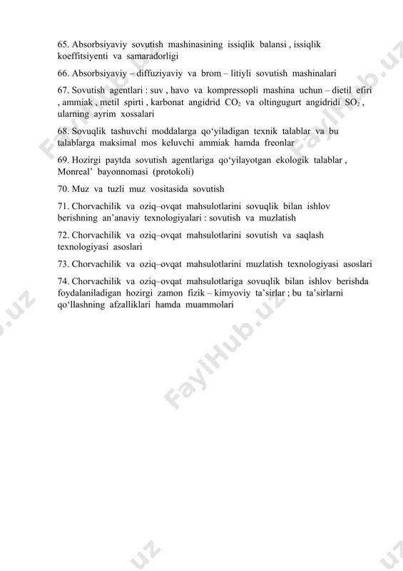 h texnologiyasi asoslari 73. chorvachilik va oziq–ovqat mahsulotlarini muzlatish texnologiyasi asoslari 74. chorvachilik va oziq–ovqat mahsulotlariga sovuqlik bilan ishlov berishda foydalaniladigan hozirgi zamon fizik – kimyoviy ta’sirlar ; bu ta’sirlarni qoʻllashning afzalliklari hamda muammolari