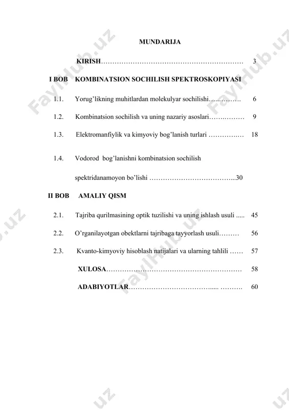 irligi qarshi davlat universiteti fizika kafedrasi ibragimov g’ulomjon ismoilovicning “5140200-fizika”ta’lim yо’nalishi bо’yicha bakalavr darajasini olish uchun - pikolinda kombinatsion sochilish spektrini o’rganish mavzusida yozgan ilmiy rahbar: prof.a.jumabayev “himoyaga tavsiya etilsin” fizika-matematika fakulteti dekani:________prof.a.tashatov “____”_____________2016 yil qarshi-2016 mundarija kirish……………………………………………………… 3 i bob kombinatsion sochilish spektroskopiyasi 1.1. yorug’likning muhitlardan molekulyar sochilishi…..………. 6 1.2. kombinatsion sochilish va uning nazariy asoslari…….……… 9 1.3. elektromanfiylik va kimyoviy bog’lanish turlari ………….… 18 1.4. vodorod bog’lanishni kombinatsion sochilish spektridanamoyon bo’lishi ………………………………...30 ii bob amaliy qism 2.1. tajriba qurilmasining optik tuzilishi va uning ishlash usuli ..... 45 2.2. o’rganilayotgan obektlarni tajribaga tayyorlash usuli……… 56 2.3. kvanto-kimyoviy hisoblash natijalari va ularning tahlili …… 57 xulosa…………………………………………………… 58 adabiyotlar………………………………..... ………. 60 kirish yorug’lik - kishining eng nozik, universal va kuchli sezgi organi- ko’zning ishlashi uchun zarur bo’lgan shartdir. qolaversa yorug’lik elektromagnit to’lqinlar shkalasida 380-760 nm oraliqda joylashgan. yorug’lik moddalardan sochilishdek ajoyib xossaga ega. yorug’likning kombinitsion sochilishi hozirgi vaqtda ichki molekulyar va …