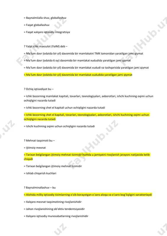 ashqi savdo tamoyillari = ochiq iqtisodiyot tamoyillari = ichki bozorni tashqi bozordan himoya qilish = o‘z-o‘zini ta’minlash iqtisodiyoti, haddan tashqari o‘z kuchiga suyanish ? jahon xo‘jaligini rivojlanish davri qaysi davrlardan boshlandi? = xv asr oxiri-xviasr boshlarida = xivasr oxiri-xv asr boshlarida = xviasr oxiri-xvii asr boshlarida = xviii asr oxiri-xix asr boshlarida ? ochiq iqtisodiyotning vujudga kelishi – deb = xalqaro mexnat taqsimotining rivojlanishi = jahon rivojlanishining obyektiv tendentsiyasidir =tmklarning rivojlanishi = xalqaro iqtisodiy munosabatlarning rivojlanishi ? embargo nima - ? = alohida mamlakat yoki davlatlar guruhi bilan savdoni butunlay ta’qiqlash = davlatlar o‘rtasida savdoni ta’qiqlash = kompaniyalar o‘rtasida savdoni ta’qiqlash ф highlight ф highlight ф highlight ф highlight ф highlight = tashkilotlar o‘rtasida aloqalarni butunlay ta’qiqlash ? xx asrda ayirboshlashning baynalminallashuvi ... = kapital va ishchi kuchining baynalminallashuviga aylanadi = savdo va ishlab chiqarishning baynalminallashuviga aylanadi = kapital va savdoning baynalminallashuviga aylanadi = kapital va ishlab chiqarishning baynalminallashuviga aylanadi …