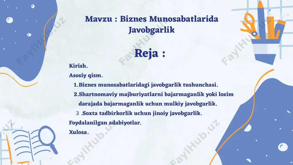 mulkiy javobgarlikning asosiy tushunchalari shartnomaviy majburiyat: jarimalar va penyalarning to‘lanishi zararning qoplanishi: mulkiy yo‘qotishlar sud orqali mulkiy javobgarlikni talab qilish mulkiy javobgarlikning ahamiyati tashkilotlar va shaxslar o‘rtasida ishonchni saqlash shartnoma shartlariga qat'iy rioya qilishni ta’minlash zarar ko‘rgan tomonning huquqlarini himoya qilish soxta tadbirkorlik uchun jinoiy javobgarlik bu huquqni buzgan shaxs yoki tashkilotlarning tadbirkorlik faoliyatini qonuniy ko'rinishda yuritayotgandek ko'rsatib, aslida noqonuniy maqsadlarni amalga oshirishi bilan bog‘liq javobgarlikni anglatadi. soxta tadbirkorlik odatda firibgarlik, moliyaviy firibgarlik, soliqdan bo‘yin tovlash yoki boshqa noqonuniy faoliyat bilan shug‘ullanishda foydalaniladi. bu harakat jiddiy iqtisodiy va ijtimoiy zararlar keltirib chiqaradi, shu sababli ko‘plab mamlakatlarda jinoiy javobgarlik belgilangan. soxta tadbirkorlik uchun jinoiy javobgarlik qamoq jazosi: soxta tadbirkorlik bilan shug‘ullanganlik uchun uzoq muddatli qamoq jazosi belgilanishi mumkin. jinoyatning og‘irligiga qarab, sud qamoq muddatini belgilaydi. moliyaviy jarimalar: huquqbuzarlar katta miqdordagi moliyaviy jarimalar bilan jazolanadi. bu jarimalar noqonuniy faoliyat natijasida kelib chiqqan zararlarni qoplashga yo‘naltiriladi. mulkni musodara qilish: jinoyat tufayli olingan yoki …