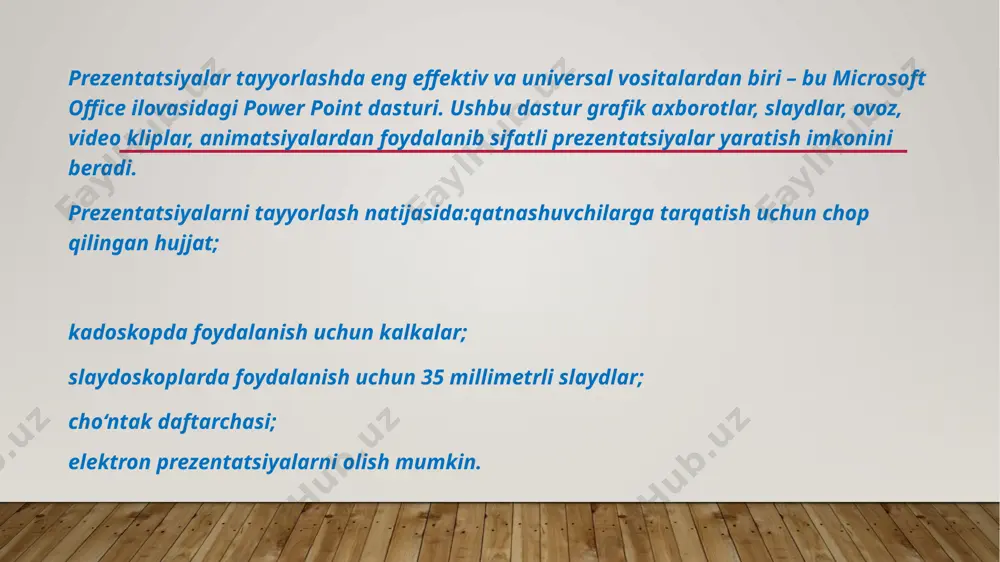 iriqlar 1. birichi operatsion tizim qachon yaratilgan ? 2. o’zbek milliy oparetsion qachon yuzaga kelgan ? 3. windows operatsion tizimining qanday versiyalari mavjud ? 4. chip windows xp 2010 qanday imkoniyatlarga ega ? 5. chip windows xp 2010 ekranining asosiy qismlarini aytib bering . 6. windows so`zining ma`nosi nima ? adabiyotlar: 1. i.karimov.vatanimizning tinchligi va xavfsizligi o’z kuch-qudratimizga, xalqimizning hamjihatligi va bukilmas irodasiga bog’liq. toshkent, “o’zbekiston”, 2004, 8-bet 2. i.a. karimov “yuksak ma’naviyat- yengilmas kuch” toshkent, 2008-yil. 3. ahmedov a., taylaqov n. informatika. akademik litsey va kasb-hunar kollejlar uchun darslik. — t.: o‘zbekiston, 2002. 4. «informatika va hisoblash texnikasi asoslari» t.x.holmatov, n.i.tayloqov. “o‘zbekiston milliy ensiklopediyasi” davlat ilmiy nashriyoti, 2001 y. 5. «informatika va axborot texnologiyalar» a.sattorov. тoshkent “o‘qituvchi” – 2002. image2.jpeg image3.jpeg image1.jpg