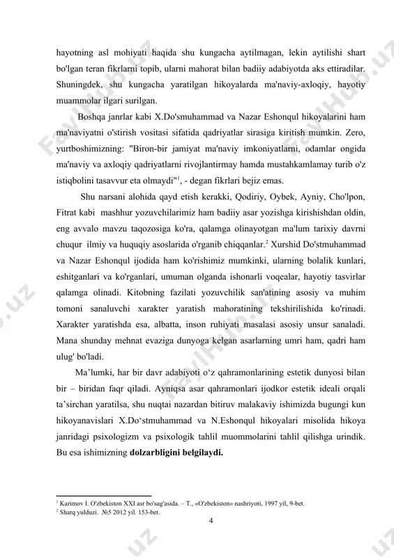 r.quchqor, sh.xolmirzayev, x.do’stmuhammadov, n.dovurboyeva, sh.normatov, u.uljaboyeva, sh.doniyorova, g.sattorovalarning tadqiqot va malakalari misol bo’la oladi. tadqiqotning ilmiy yangiligi o‘zbek adabiyotshunosligida psixologizm va psixologik tahlil masalalari atroflicha o‘rganilganligini yuqorida bitiruv malakaviy ishning o‘rganilganlik darajasida baholi qudrat eslatib o‘tdik. mazkur kichik tadqiqotimizda esa psixologizm va psixologik tahlil masalalarini x.do‘stmuhammad va n. eshonqul hikoyalari misolida tahlil qilishga urindik.ana shu urinishimiz ishimizning o‘ziga xos yangiligidir tadqiqotning obyekti va predmeti. bitiruv malakaviy ishining obekti sifatida xurshid do‘stmuhammad va nazar eshonqulning ijodi, predmeti sifatida esa ularning hikoyalari, matbuotlardagi faoliyati va ishtiroklarii olindi.bundan tashqari adiblarimizning “hovli etagidagi uy”, “jajman”,”qazo bo‘lgan namoz”,”beozor qushning qarg‘ishi”,”urush odamlari”, “maymun yetaklagan odam”,”shamolni tutib bo‘lmaydi”,”tobut” kabi hikoyalar to‘plamlari va hikoyalari obekt sifatida olindi,tahlil qilindi. tadqiqotning ilmiy- amaliy ahamiyati. mazkur bitiruv malakaviy ishida zamonaviy hikoyanavislikda ijod qilayotgan yozuvchilardan x.do'stmuhammad va n.eshonqul ijodi misolida psixologizm va psixologik tahlil masalalari o‘rganildi. shu nuqtai nazardan ushbu bitiruv malakaviy ishidan ma’ruza matnlari, referatlar yozishda hamda ijodkorlarning ijodini o‘rganishda bemalol …
