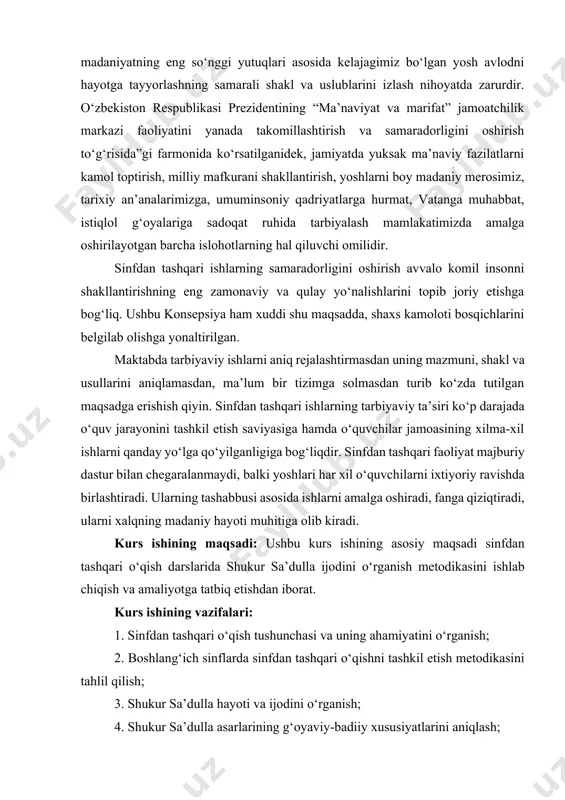 oloti bosqichlarini belgilab olishga yonaltirilgan. maktabda tarbiyaviy ishlarni aniq rejalashtirmasdan uning mazmuni, shakl va usullarini aniqlamasdan, ma’lum bir tizimga solmasdan turib ko‘zda tutilgan maqsadga erishish qiyin. sinfdan tashqari ishlarning tarbiyaviy ta’siri ko‘p darajada o‘quv jarayonini tashkil etish saviyasiga hamda o‘quvchilar jamoasining xilma-xil ishlarni qanday yo‘lga qo‘yilganligiga bog‘liqdir. sinfdan tashqari faoliyat majburiy dastur bilan chegaralanmaydi, balki yoshlari har xil o‘quvchilarni ixtiyoriy ravishda birlashtiradi. ularning tashabbusi asosida ishlarni amalga oshiradi, fanga qiziqtiradi, ularni xalqning madaniy hayoti muhitiga olib kiradi. kurs ishining maqsadi: ushbu kurs ishining asosiy maqsadi sinfdan tashqari o‘qish darslarida shukur sa’dulla ijodini o‘rganish metodikasini ishlab chiqish va amaliyotga tatbiq etishdan iborat. kurs ishining vazifalari: 1. sinfdan tashqari o‘qish tushunchasi va uning ahamiyatini o‘rganish; 2. boshlang‘ich sinflarda sinfdan tashqari o‘qishni tashkil etish metodikasini tahlil qilish; 3. shukur sa’dulla hayoti va ijodini o‘rganish; 4. shukur sa’dulla asarlarining g‘oyaviy-badiiy xususiyatlarini aniqlash; 5. sinfdan tashqari o‘qish darslarida shukur sa’dulla asarlarini o‘rganish metodikasini ishlab chiqish; …