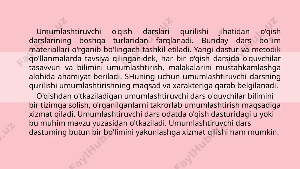 ilimlari katta ahamiyatga ega. bunday darslarda umumiy xulosani o'qituvchining yordamisiz o'quvchilarning o'zlari mustaqil ravishda chiqarishlari juda muhim bo'lib, bu ularning kelajakka ishonchlarini shakllantirish uchun mustahkam asos hisoblanadi. umumlashtiruvchi darsni muvaffaqiyatli o'tkazish unga o'qituvchining qanday tayyorgarlik ko'rganiga bog'liq. bunday darsda juda ko'p material yuzasidan umumiy xulosa chiqarishni rejalashtirish mumkin emas; bu darsga ko'p material yuklash o'quvchilar diqqatini tarqatib yuboradi, idrok etish qobiliyatlarini pasaytiradi va faol fikrlash imkonini chegaralaydi. o'qituvchi umumlashtiruvchi darsda o'quvchilardan nimalarni so'rashni, mavzu yuzasidan yana nimalarni umumlashtirishni belgilab oladi; darsning maqsadi haqida o'ylab, bolalar tafakkuri va faoliyatini faollashtirishga tasir etadigan ish turlaridan foydalanishni rejalashtiradi. umumlashtiruvchi darsni o'qish dasturidagi har bir mavzu o'rganilgandan so'ng o'tkazish shart emas. uni faqat o'qish darsining muhim va katta bo'limi materiallari o'rganilgandan keyin o'tkazish maqsadga muvofiq. mavzularni o'rganish davrida foydalanilgan ko'rgazmali qo'llanmalardan, savol va topshiriqlardan, ekskursiya, kuzatish, uchrashuv va suhbat materiallaridan umumlashtiruvchi darslarda shundayligicha - bir xilda foydalanish tavsiya etilmaydi. umumlashtiruvchi dars oldiga qo'yilgan vazifalarni …