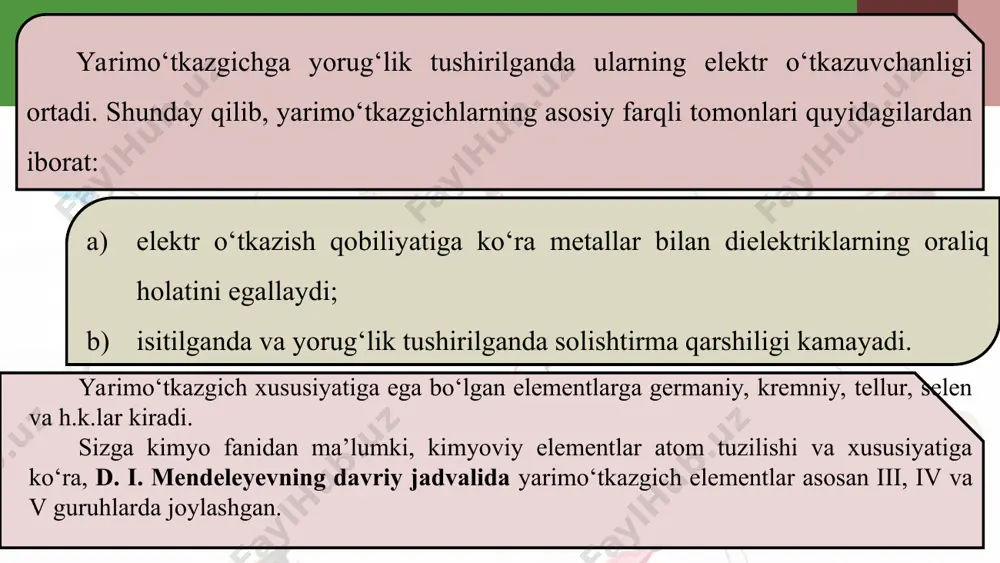 vchanlikni xususiy o‘tkazuvchanlik deyiladi. bunda mazkur moddadagi elektron va kovakli o‘tkazuvchanlik deyarli teng bo‘ladi. sof yarimo‘tkazgichlarda erkin elektronlar va kovaklar soni kam bo‘lganligidan elektr o‘tkazish qobiliyati kichik bo‘ladi. aralashmali yarimo‘tkazgichlar: donorli aralashmalar. endi sof yarimo‘tkazgichli kremniyga ozgina aralashma kiritaylik. dastlab kremniy atomlari orasiga besh valentli mishyak (as) kiritaylik. bunda kremniyning to‘rtta kovalent bog‘lanish hosil qiluvchi elektroni o‘rnini mishyakning to‘rtta elektroni egallaydi. mishyakning beshinchi elektroni bo‘sh qolib, erkin elektronga aylanadi (9.7 a-rasm). natijada erkin elektronlar soni kovaklar sonidan ortiq bo‘ladi. yarimo‘tkazgichning solishtirma qarshiligi keskin kamayadi. bunda qo‘shilgan mishyak atomlarining soni yarimo‘tkazgich atomlari sonining o‘n milliondan bir qismini tashkil etganda, erkin elektronlarning konsentratsiyasi (1 sm3 ga to‘g‘ri kelgan elektronlar soni) sof yarimo‘tkazgichnikiga nisbatan ming barobar katta bo‘ladi. qo‘shilganda osongina elektronini beradigan aralashmalarni donorli aralashmalar deyiladi. donorli aralashmalarda asosiy tok tashuvchi zarralar elektronlar bo‘lganligi uchun, ularni n-turdagi yarimo‘tkazgichlar deyiladi. kovaklar bunday yarimo‘tkazgichlarda asosiy bo‘lmagan zaryad tashuvchilarga kiradi. akseptorli aralashmalar. sof yarimo‘tkazgichli kremniyga indiy …