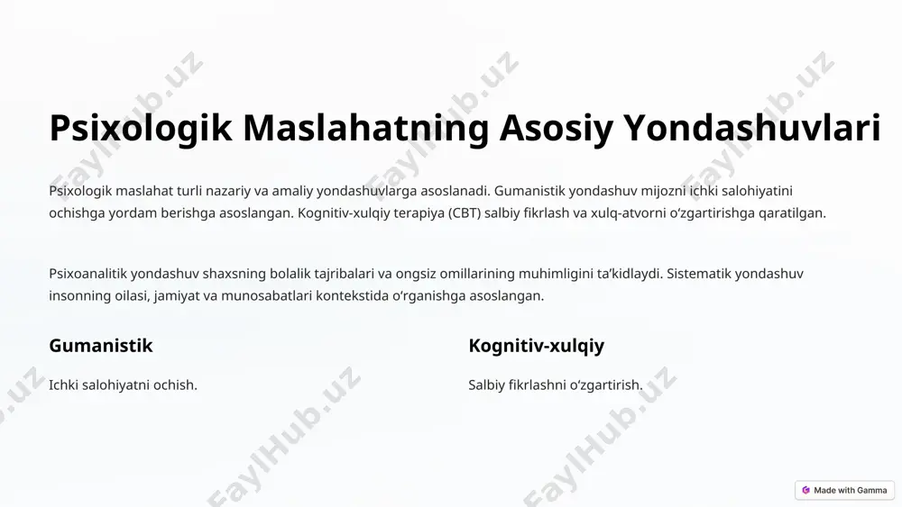 ini yaxshilash, muammolar bilan mustaqil kurasha olishiga yordam berish, hissiy va ijtimoiy moslashuvni rivojlantirish, ichki ziddiyatlarni hal qilish orqali shaxsiy o‘sishga ko‘maklashishdir. yaxshilash psixologik holatni yaxshilash. mustaqillik muammolar bilan kurashish. rivojlantirish hissiy moslashuvni rivojlantirish. * psixologik maslahat asoschilari ushbu taqdimotda psixologik maslahatning asosiy namoyandalari haqida bilib olasiz. ularning nazariyalari va amaliy tadqiqotlari bilan tanishing. by mansuri xolmatov * karl rogers asosiy g‘oyasi inson ichki salohiyatga ega. terapevt roli mijozga hurmat va empatiya bilan yondashish. shartsiz qabul mijozni baholashsiz qabul qilish. * sigmund freud ongsizlik ruhiyat ongli va ongsiz darajalarga bo‘linadi. bolalik travmalari muammolarning ildizi bolalikda. tahlil orzular, sliplar chuqur tahlil qilinadi. * albert ellis noto‘g‘ri fikrlash hissiy muammolar noto‘g‘ri fikrlashga bog‘liq. abc modeli hodisa, fikrlar, natija. o‘zgartirish irratsional fikrlarni o‘zgartirish. * aaron beck salbiy fikrlash depressiya salbiy fikrlash bilan bog‘liq. tahlil fikrlarni tahlil qilish. ijobiy o‘zgarish fikrlarni ijobiy tomonga o‘zgartirish. * viktor frankl 1 hayot ma’nosi inson hayotining ma’nosi bor. …