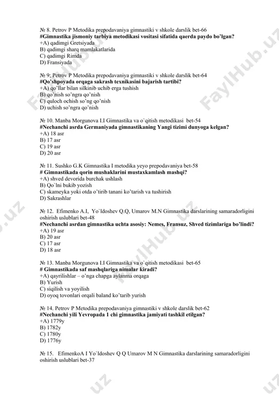 och ochish so’ng qo’nish d) uchish so’ngra qo’nish № 10. manba morgunova i.i gimnastika va o`qitish metodikasi bet-54 #nechanchi asrda germaniyada gimnastikaning yаngi tizimi dunyoga kelgan? +a) 18 asr b) 17 asr c) 19 asr d) 20 asr № 11. sushko g.k gimnastika i metodika yeyo prepodavaniya bet-58 # gimnastikada qorin mushaklarini mustaxkamlash mashqi? +a) shved devorida burchak ushlash b) qo`lni bukib yozish c) skameyka yoki otda o’tirib tanani ko’tarish va tushirish d) sakrashlar № 12. efimenko a.i, yo`ldoshev q.q, umarov m.n gimnastika darslarining samaradorligini oshirish uslublari bet-48 #nechanchi asrdan gimnastika uchta asosiy: nemes, fransuz, shved tizimlariga bo’lindi? +a) 19 asr b) 20 asr c) 17 asr d) 18 asr № 13. manba morgunova i.i gimnastika va o`qitish metodikasi bet-65 # gimnastikada saf mashqlariga nimalar kiradi? +a) qayrilishlar – o’nga chapga aylanma orqaga b) yurish c) siqilish va yoyilish d) oyoq tovonlari orqali baland ko’tarib yurish № 14. petrov p …