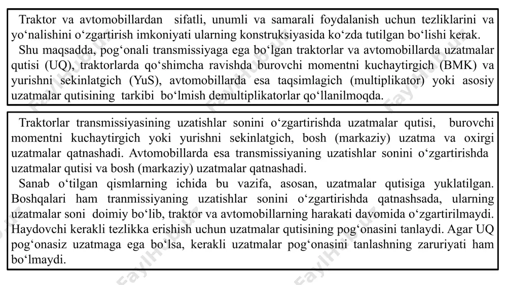r soni iuk=1 va ikkinchisi sekinlatuvchi – uzatishlar soni iuk1. odatda ular qo‘shma uzatmalar qutisini uzatishlar sonini 2...3 martaga ko‘paytiradi. uzatmalar qutisining vazifasi va xillari. uzatmalar qutisining asosiy vazifasi transmissiyaning uzatishlar sonini o‘zgartirishdan iborat. buning natijasida quyidagilarga erishiladi: -dvigatelning burovchi momentini o‘zgartirmagan holda yetakchi g‘ildiraklarga (yulduzchaga) berilayotgan burovchi momentning miqdorini o‘zgartirishga; -dvigatelning yuklanishi belgilangan me’yorda (ratsional) bo‘lgan holda traktor va avtomobilning tezligini o‘zgartirishga; -traktor va avtomobil harakati yo‘nalishini va dvigatelni ishlayotgan holatida tinch turishini yoki o‘rnida turib qov orqali foydali ish bajarishga. uzatmalar qutisi ilashish muftasidan keyin va bosh (markaziy) uzatmadan oldin joylashtirilib, zamonaviy qishloq xo‘jalik traktorlari va avtomobillarida o‘qlar va tishli g‘ildiraklar majmuidan iborat. traktorlar yordamida bajariladigan ishlarning xilma xilligini xisobga olib, pog‘onalarning sonini 5 dan 36 gacha qilib belgilangan. traktorlarda asosiy (ishchi), rezerv, transport va texnologik uzatmalarga xillanadi. uzatmalar qutisi quyidagi belgilariga qarab tasniflanadi. -ularning xarakati bo‘yicha-qo‘zg‘almas o‘qli va aylanuvchi (planetar) o‘qli bo‘ladi; -shesternyalarning ilashish usuli bo‘yicha-qo‘zg‘aluvchi shesternyalar …