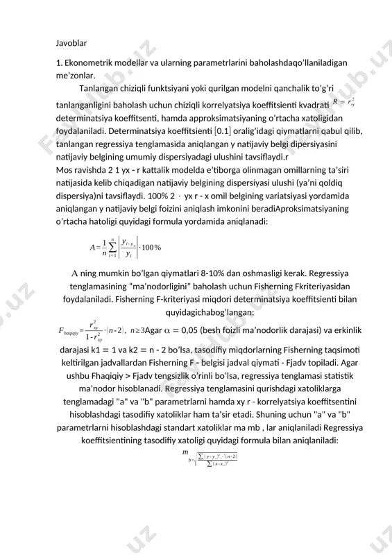 va "b" parametrlarni hamda xy r - korrelyatsiya koeffitsentini hisoblashdagi tasodifiy xatoliklar ham ta’sir etadi. shuning uchun "a" va "b" parametrlarni hisoblashdagi standart xatoliklar ma mb , lar aniqlaniladi regressiya koeffitsientining tasodifiy xatoligi quyidagi formula bilan aniqlaniladi: 2.jadval ma`lumotlariga asosan korxona ishlab chiqargan mahsuloti va sarf qilgam yoqilg`i miqdori orasidagi to`g`ri chiziqli bog`lanish tenglamasini tuzish uchun quyidagi jadvalni to`ldiramiz. y=a+bx 2-savol approksimatsiya o’rtacha xatoligi quyidagi formula bilan topiladi =∑*100% a ̅ ning qiymati 8-10% dan oshmasligi kerak fisherning f-kriteriyasi miqdori determinatsiya koeffitsienti bilan quyidagichabog’langan: =(n-2) n3 =(7-2)=0,184 jadvalda =6,61 approksimatsiya o’rtacha xatoligi =∑=0,238*100%=2,38% ning qiymati 8-10% tushmaydi image4.emf image1.emf image2.png image3.emf -y 154 202516-1,74416-5,74416-11,4883-19,3372,495,74415932,99536 264 243616-2,05394-6,05394-12,1079-19,3372,496,05394336,65022 386 486436-2,67351-8,67351-17,347-17,3299,298,67351175,22979 443,5 141612,25-0,19524-3,69524-7,39048-19,8392,043,69523913,65479 53,84 15,214,4416-1,37242-5,37242-10,7448-19,3372,495,37241828,86288 611,110 111123,21100-3,63384-13,6338-27,2677-13,3176,8913,63384185,8816 712,310,2 125,46151,29104,04-4,00558-14,2056-28,4112-13,1171,6114,20558201,7986 87,85,6 43,6860,8431,36-2,61155-8,21155-16,4231-17,7313,298,21155467,42962 95,23,9 20,2827,0415,21-1,80612-5,70612-11,4122-19,4376,365,70611632,55976 105,14,1 20,9126,0116,81-1,77514-5,87514-11,7503-19,2368,645,87513734,51724 68,355,3442,53543,83363,67-21,8715-77,1715-154,343-177,73215,5977,1715709,5798 y- y- № ishlab chiqarilgan mahsulot, ming dona (x) sarf qilingan yoqilg`i miqdori, tonnada (y) x*y ݔݕ�с ͷʹʹǡͷ͵ ͳͳ ൌϰϯ͕ϯϱϯ�����������������ݔതс� ͸ͺǡ͵ ͳͳ сϲ͕θϯ��������������������ݕതс� ʹ͵͵ ͳͳ сϯϯ͕ϯ���������� ݔത …