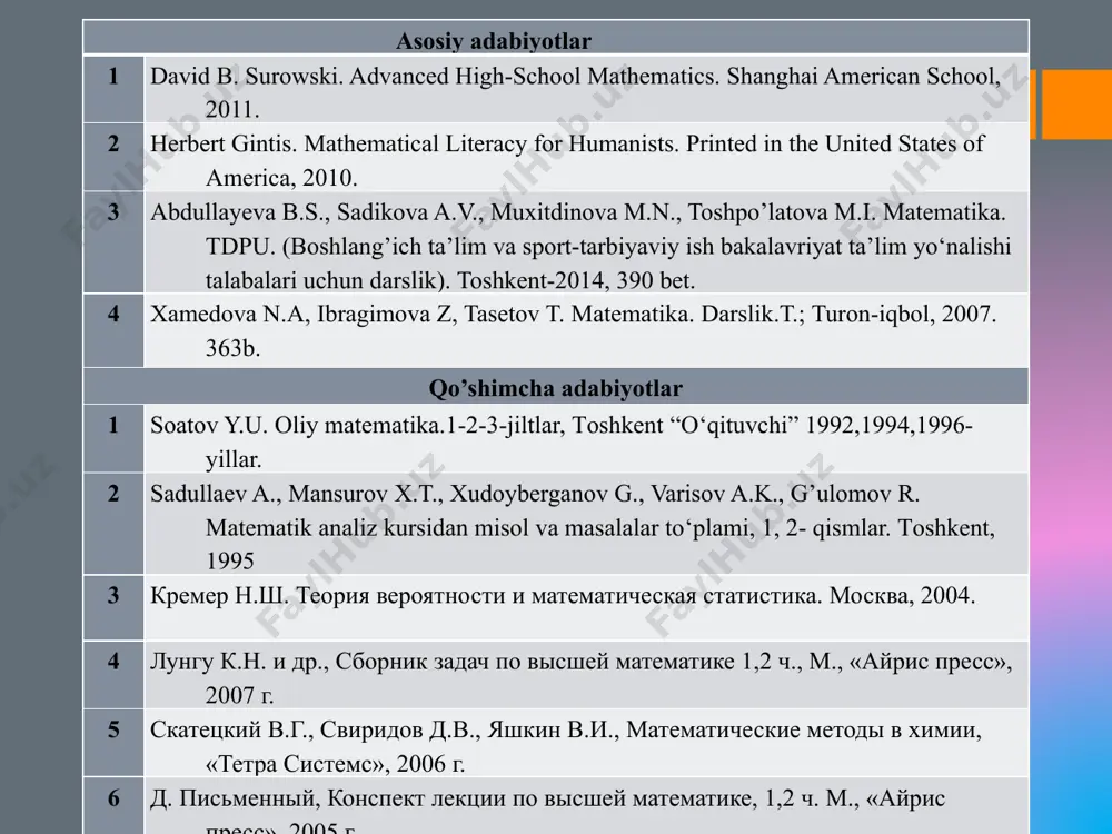 va a> 0 bo'lsa, a≥b bo'ladi, ya’ni (∀a,b∈n) (a ⁝ b ˄ a > 0  a≥b). 4o. bo’linish munosabati antisimmetrik, ya'ni (∀a,b∈n) (a ⁝ b ˄ b ⁝ a  a = b). 5o. bo’linish munosabati tranzitiv, ya 'ni (∀a,b,c∈n) (a ⁝ b ˄ b ⁝ c  a ⁝ c). (m: 20 ⁝10, 10 ⁝ 5  20 ⁝ 5) 6o. 0 soni istalgan natural songa bo’linadi, ya'ni (∀a∈n) 0 ⁝ a  a ·0=0 7o. 0 dan farqli istalgan son 0 ga bo’linmaydi (∀a∈ n0 ˄ a≠0) 8o. 0: 0 amali aniqlanmagan. bo'linish munosabatining xossalari 1-teorema. agar a va b sonlar c songa bo'linsa, ularning yig'indisi ham c ga bo'linadi. (∀a, b, c ∈ n) (a ⁝ c ˄ b ⁝ c  (a+b) ⁝ c). 2-teorema. agar a va b sonlari c ga bo'linsa va a ≥ b bo'lsa, a - b ham c ga bo'linadi. …